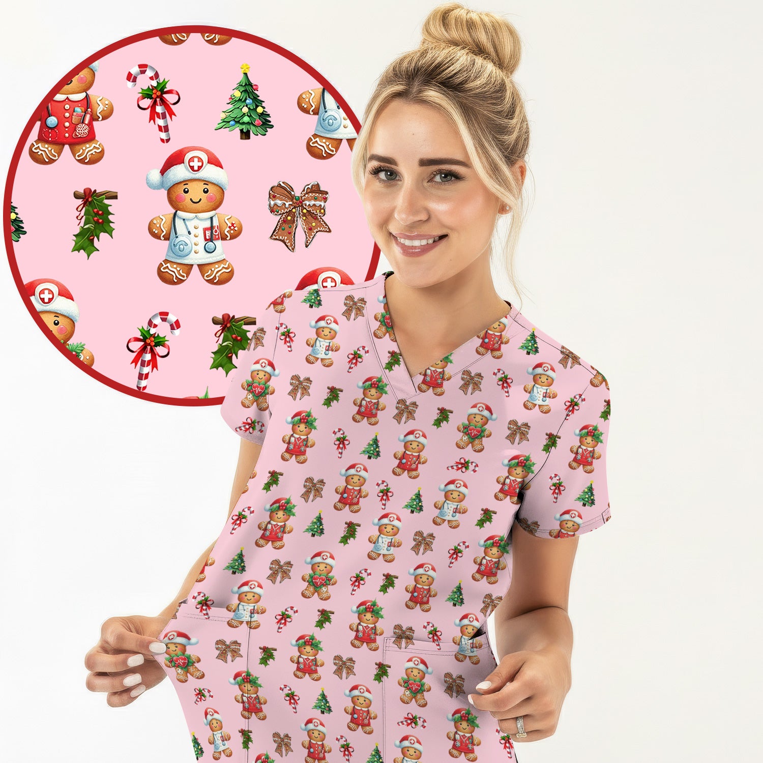 Funny Gingerbread Christmas Scrub Top - Cute Cookie with Bow Shirt - Festive Holiday Scrubs for Women