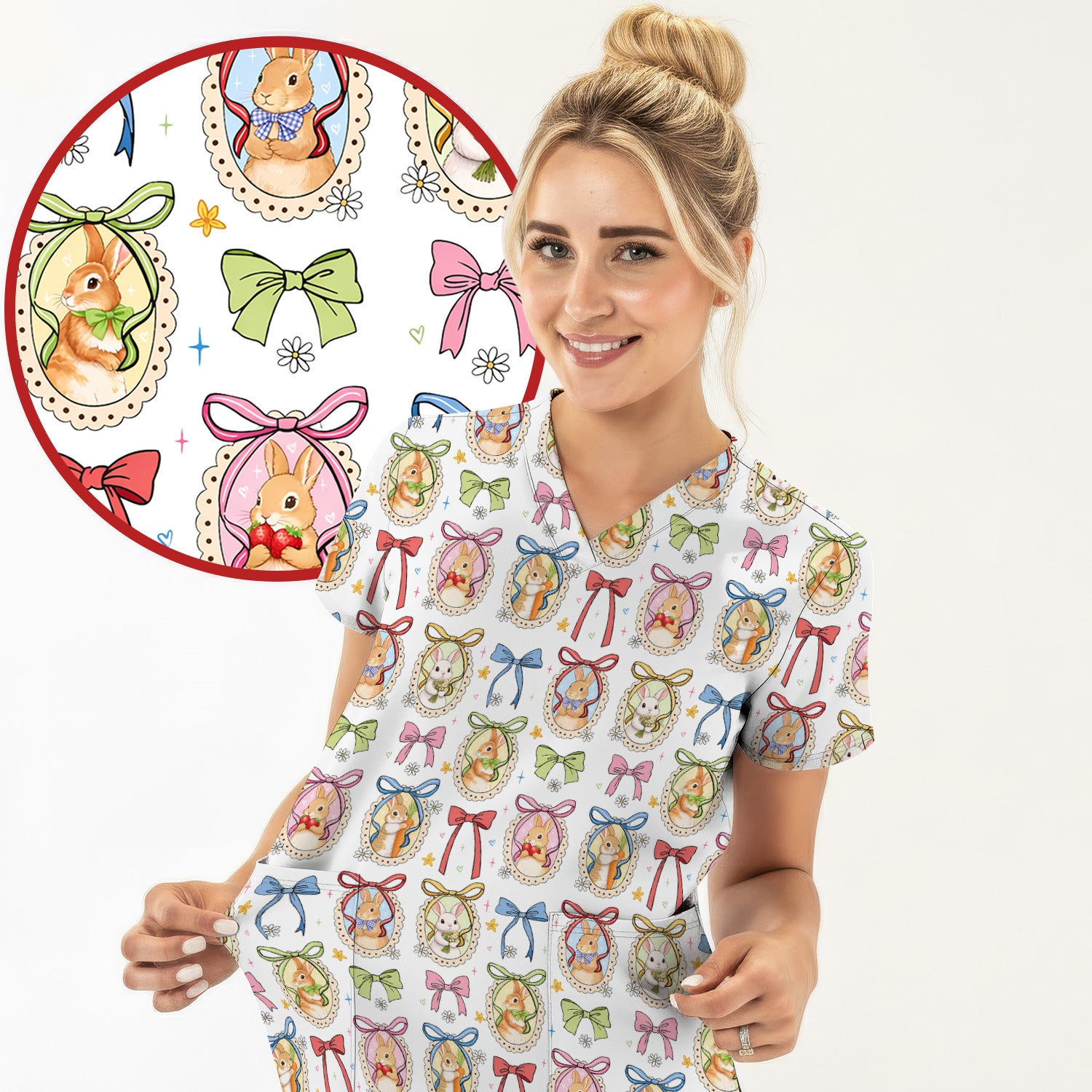 Cute Easter Bunny Cameo Colorful Bow Pattern Scrub Top, Breathable Fabrics Nursing Uniform
