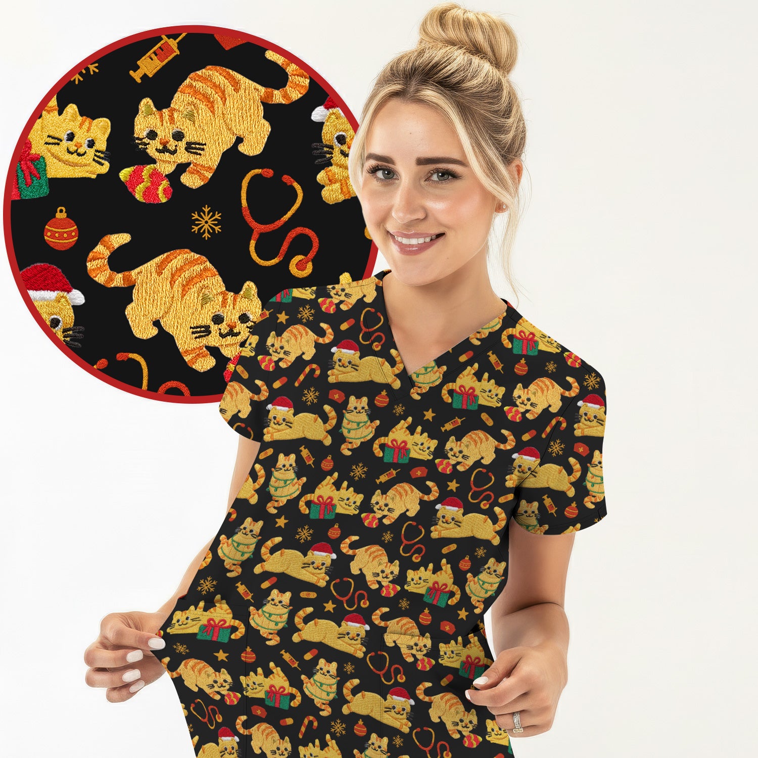 Christmas Cat Nurse Scrub Top, Cute Holiday Kitty Medical Uniform Shirt For Nursing
