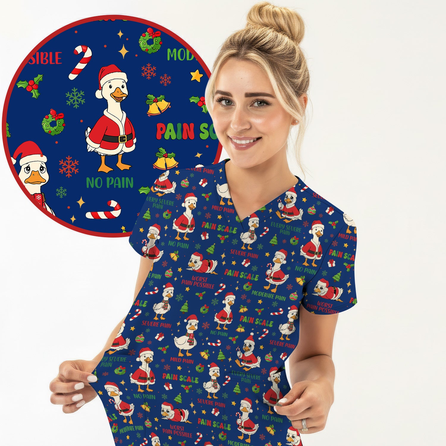 Funny Goose Christmas Scrub Set - Pain Scale Scrubs Pants and V Neck Top - Cute Holiday Medical Uniform for Women