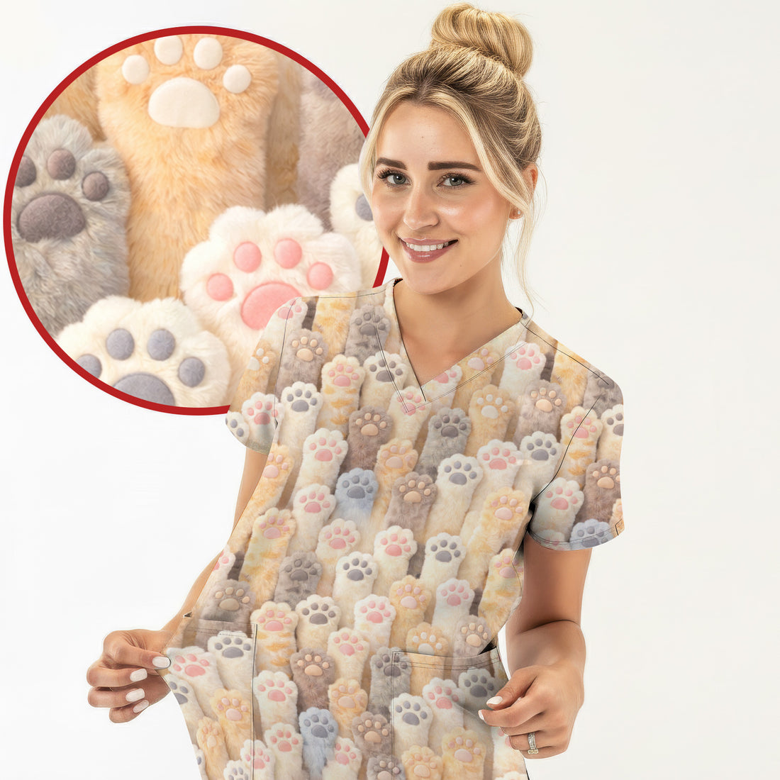 Cute Fluffy Cat Paw Pattern Scrub Top, Comfortable Scrubs for Nurses