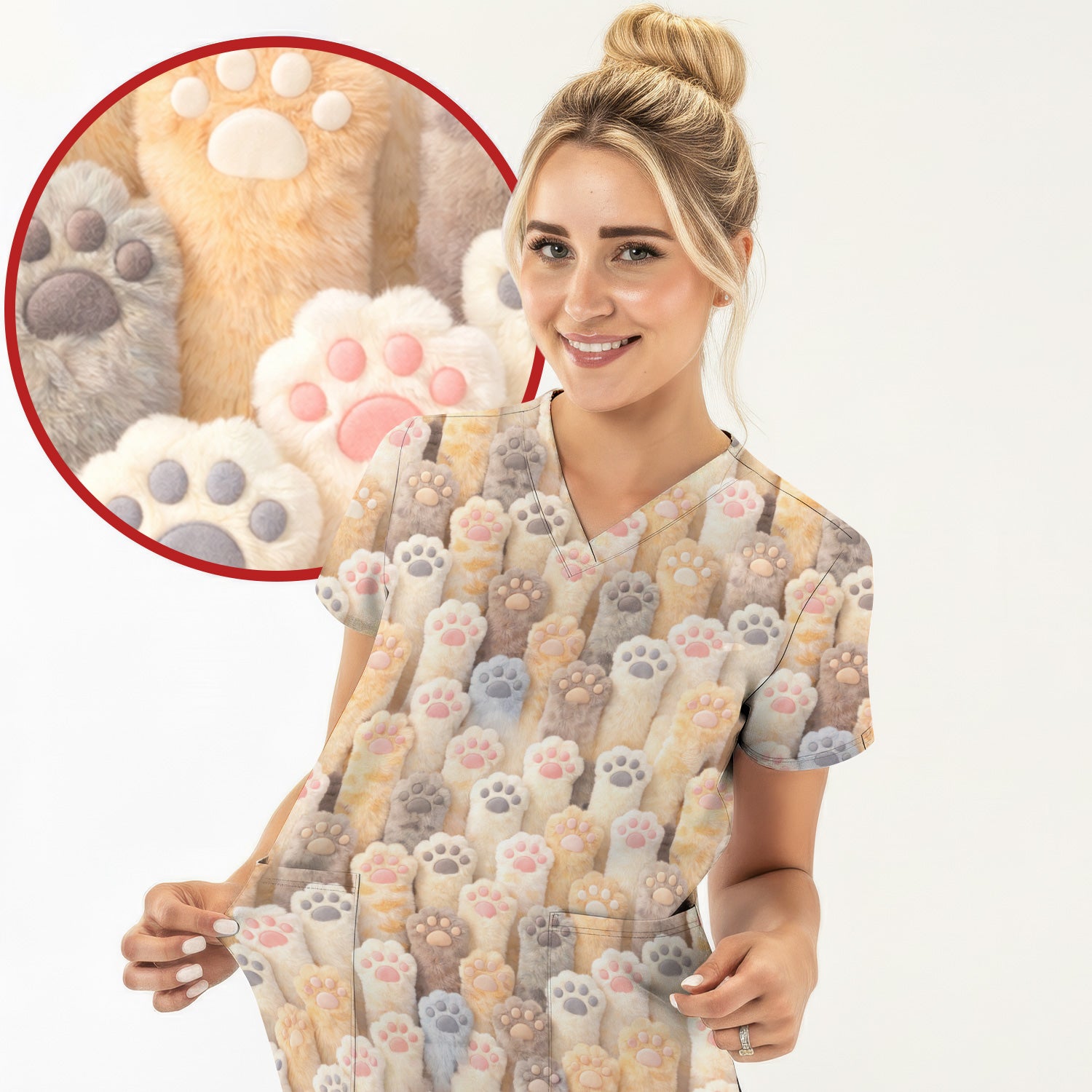 Cute Fluffy Cat Paw Pattern Scrub Top, Comfortable Scrubs for Nurses