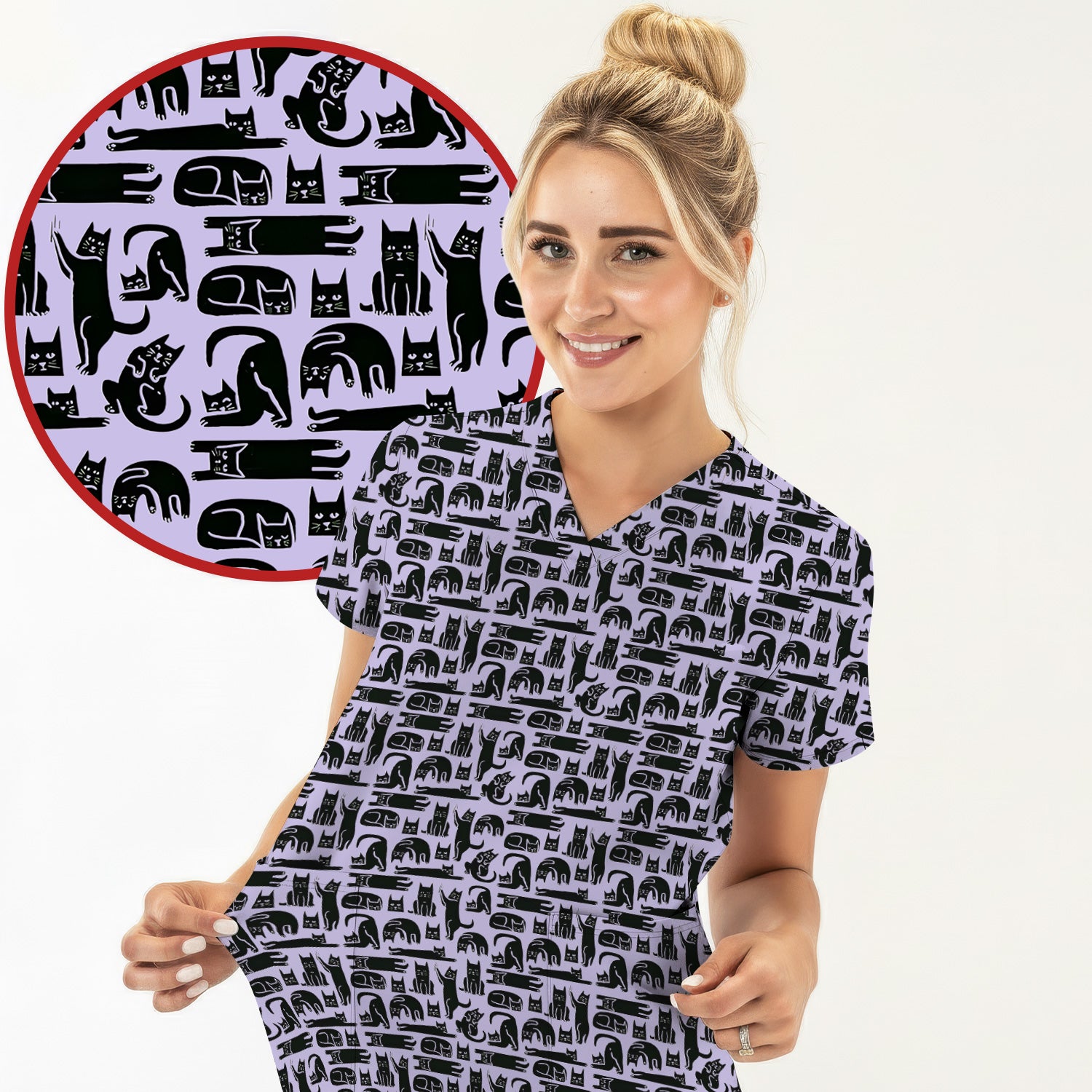 Cute Funny Cat Poses Print Scrub Top, Comfortable Scrubs for Nurses