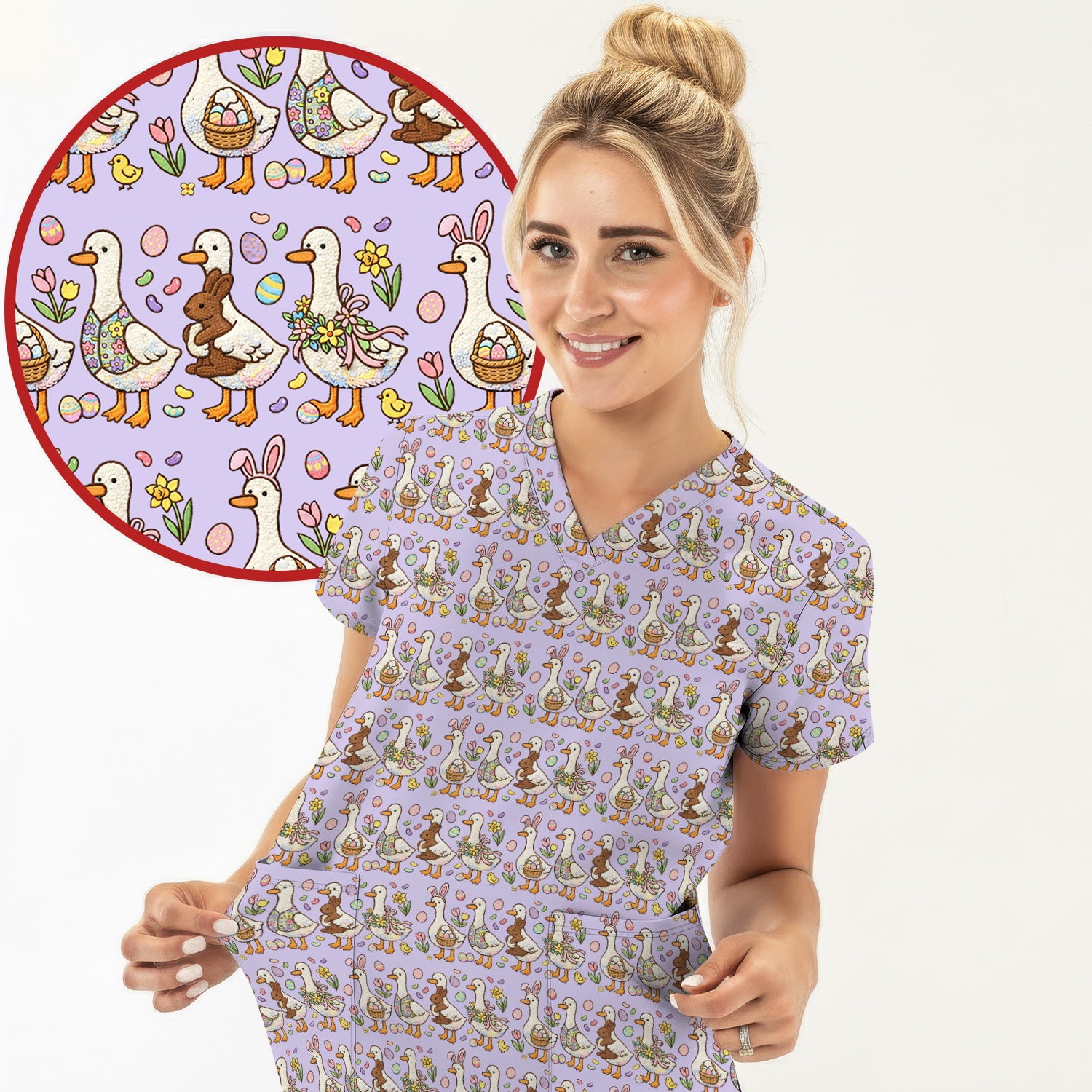 Easter Theme Duck and Bunny Egg Floral Print Scrub Top, Comfortable Scrubs for Nurses