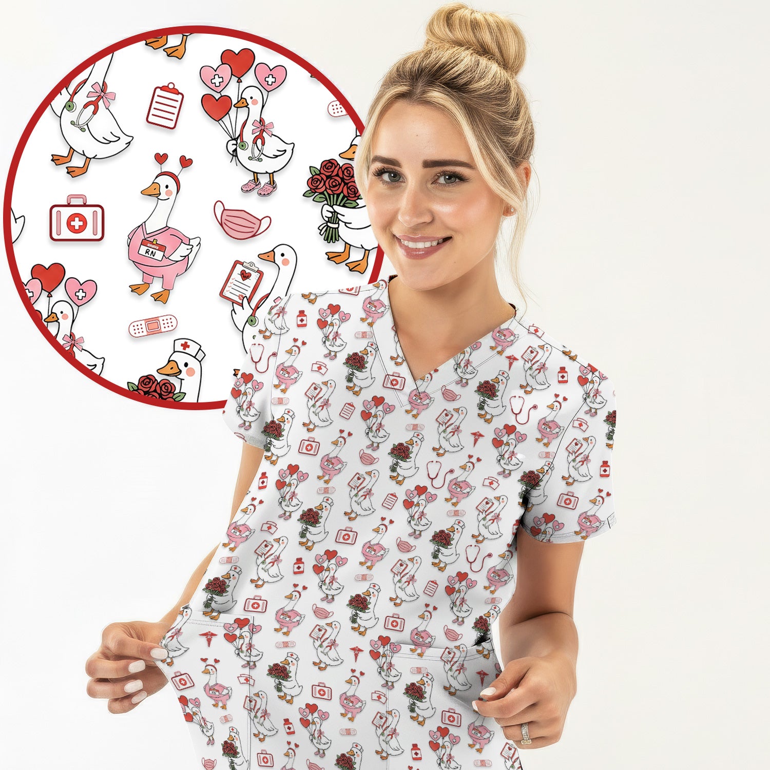 Cute Goose Nurse Medical Pattern Scrub Top, Comfortable Scrubs for Nurses