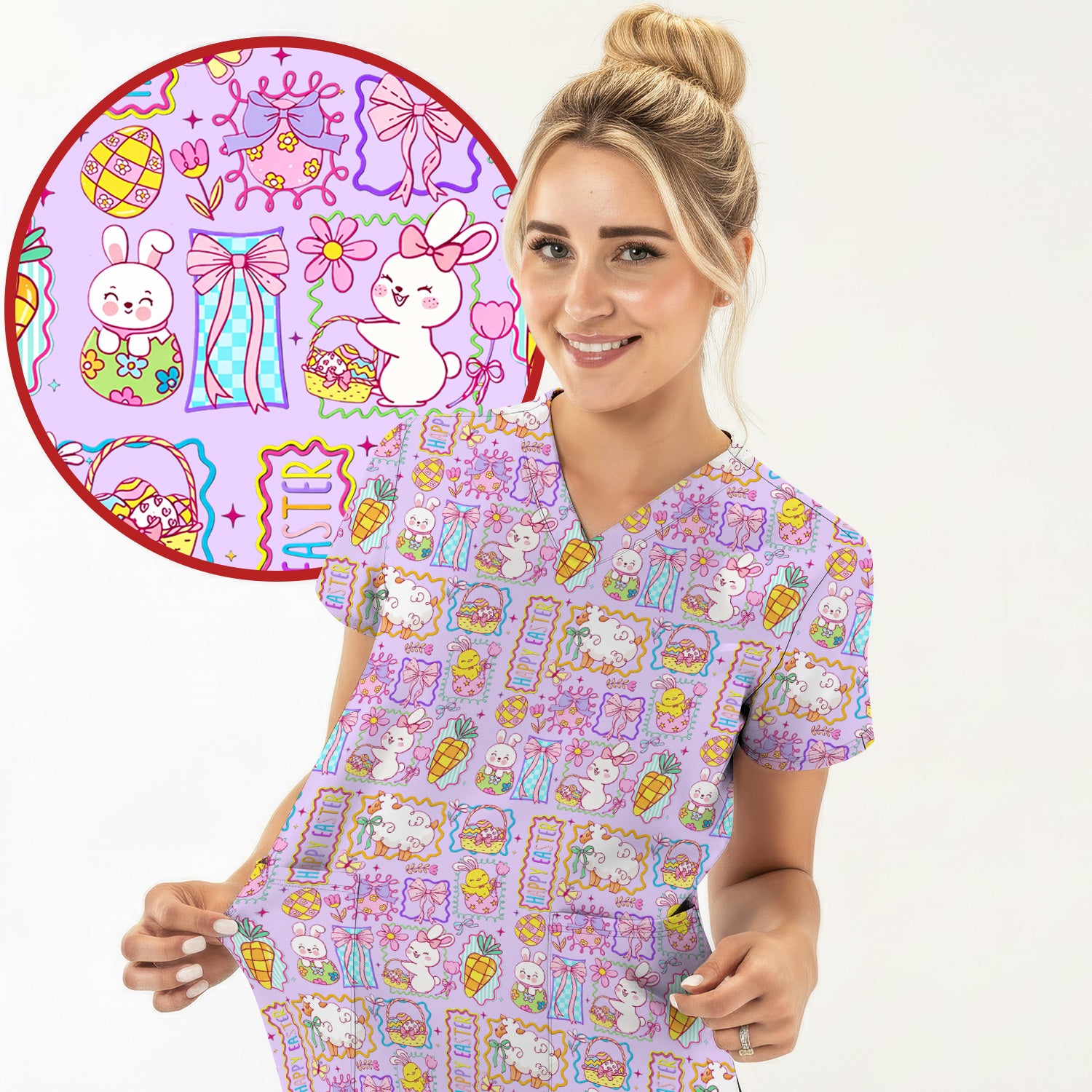 Cute Easter Bunny Egg and Bow Print Scrub Top, Breathable Fabrics Nursing Uniform