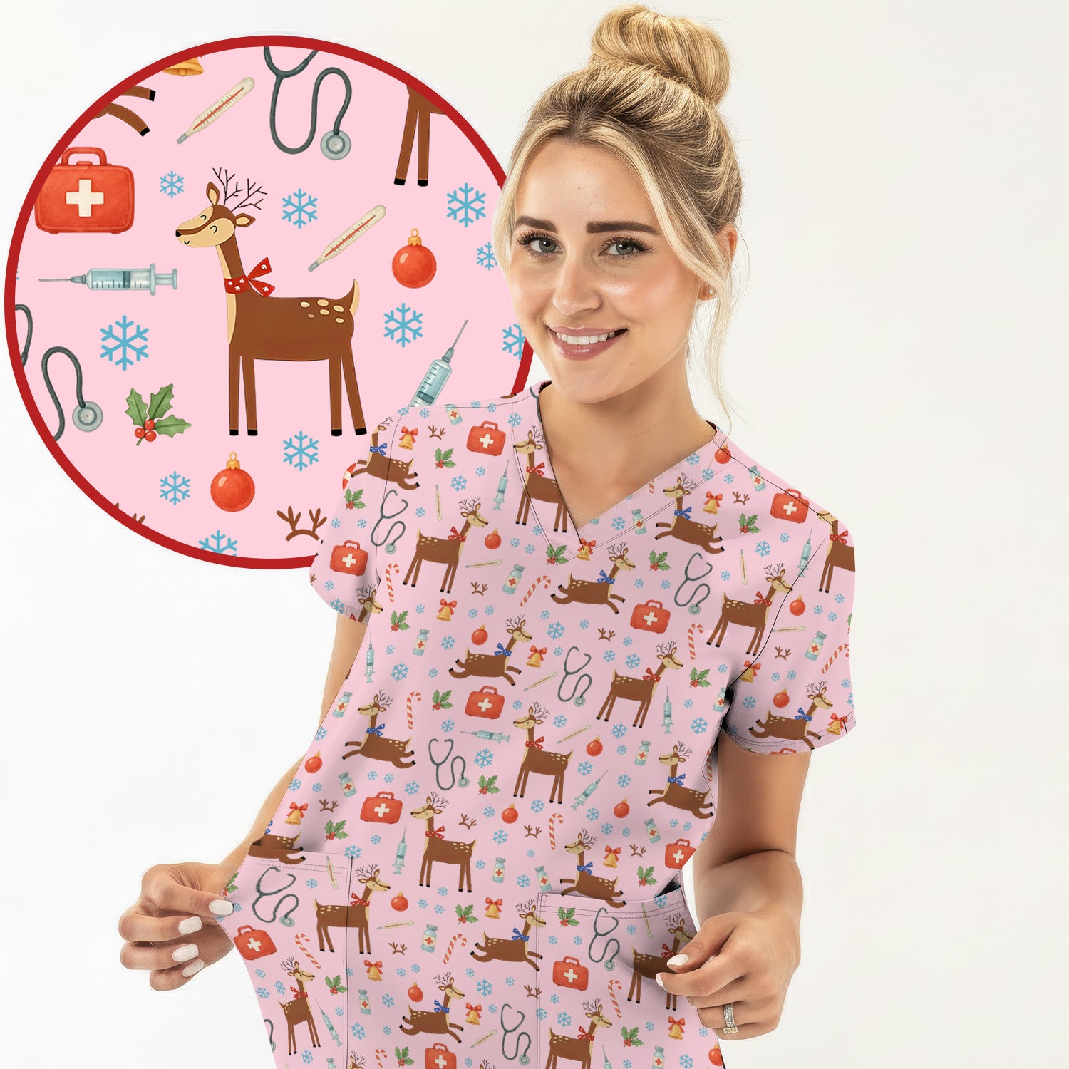 Reindeer Christmas Scrub Top - Snowflakes Candy Canes Holiday Medical Shirt - Xmas Scrubs for Women RN CNA LPN