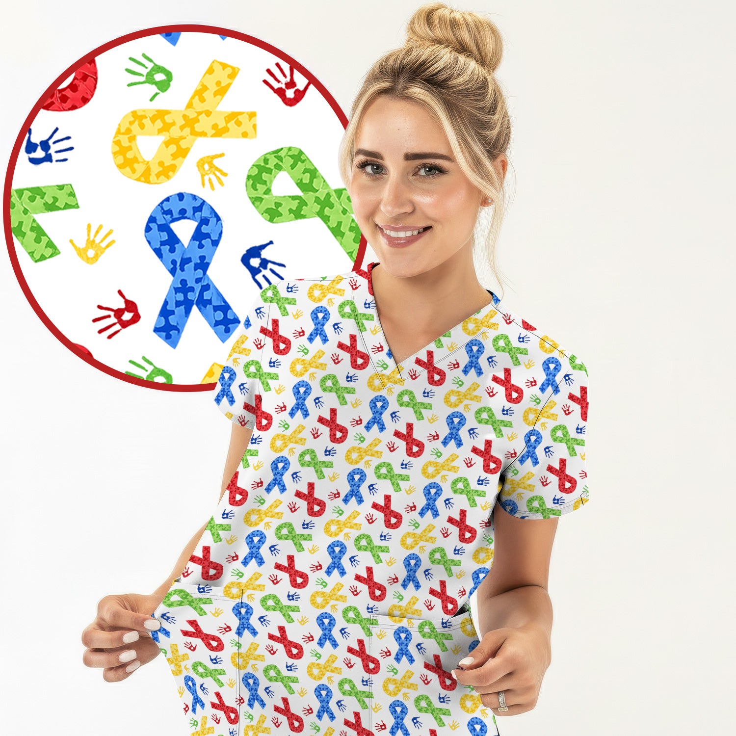 Multicolor Ribbon Pattern Print Scrub Top, Soft & Breathable Nurse Scrubs
