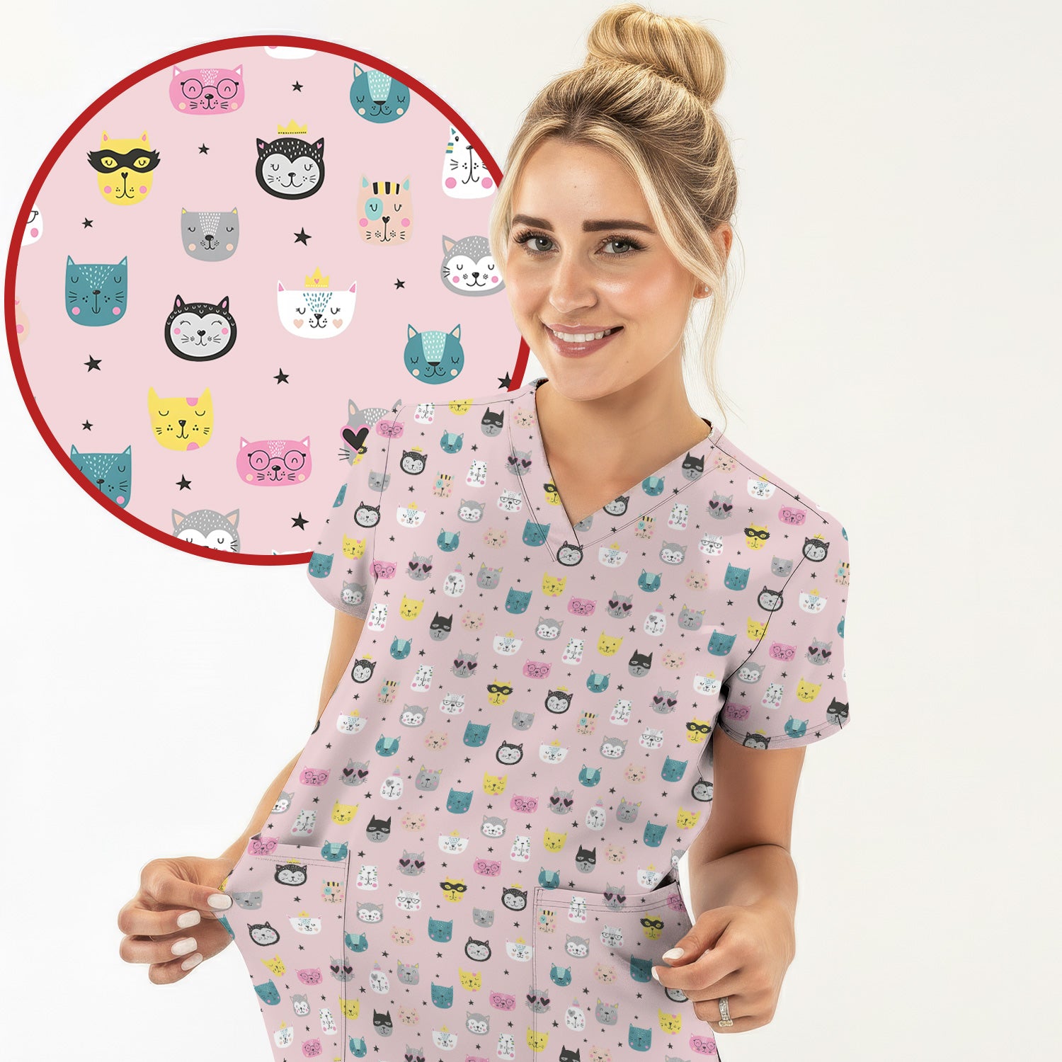 Cute Colorful Cat Pattern Scrub Top, Comfortable Scrubs for Nurses