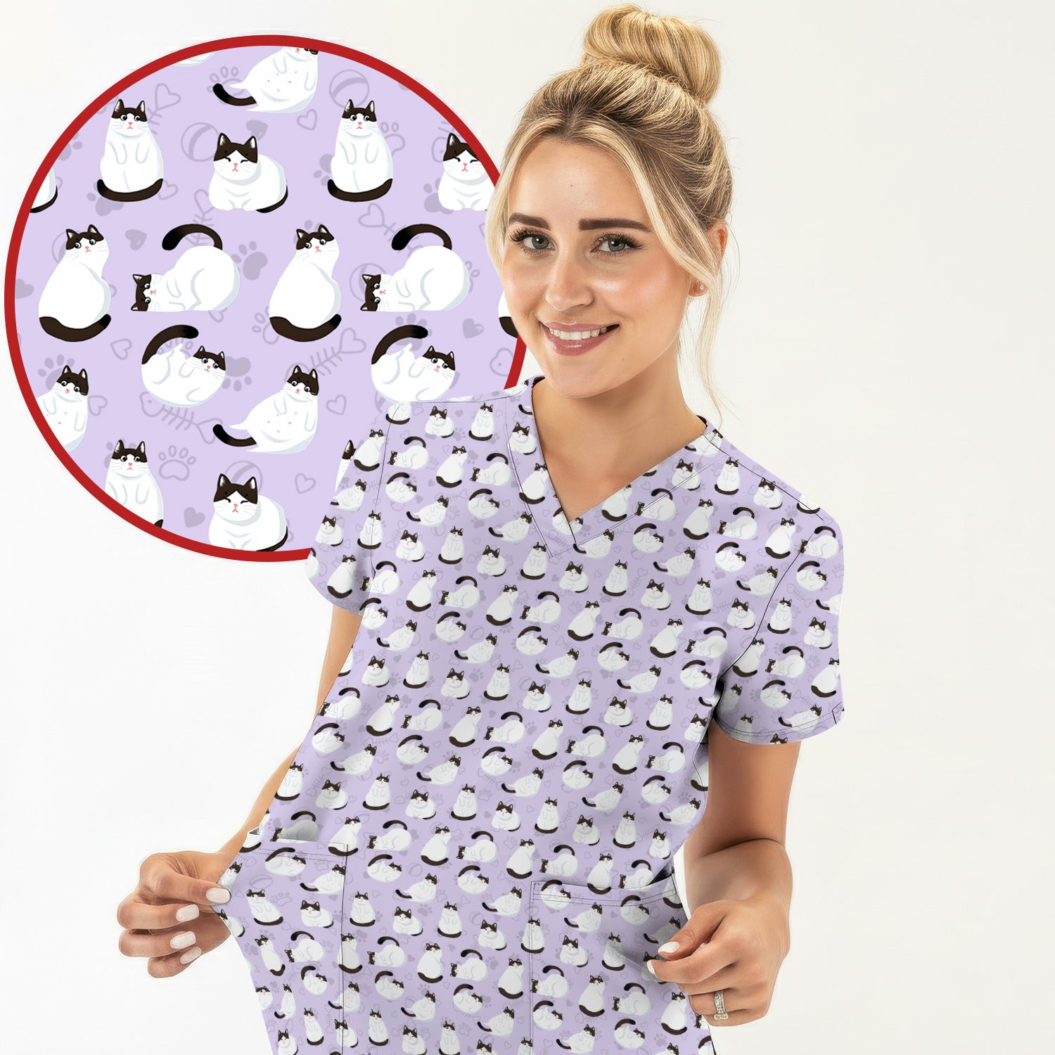 Cute Cat Pattern Medical Scrub Top, Breathable Fabrics Nursing Uniform