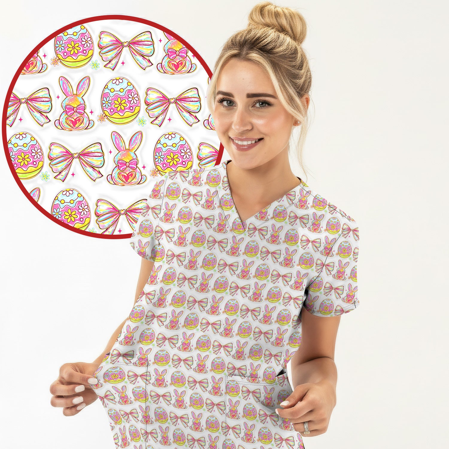 Easter Bunny Pastel Egg Bow Pattern Scrub Top, Breathable Fabrics Nursing Uniform