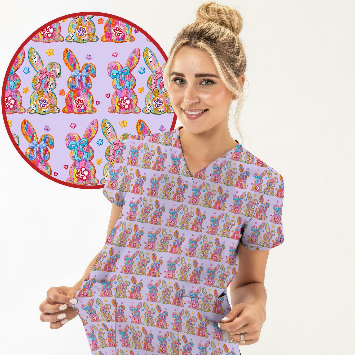 Cute Pastel Bunny Floral Pattern Scrub Top, Comfortable Scrubs for Nurses, Easter