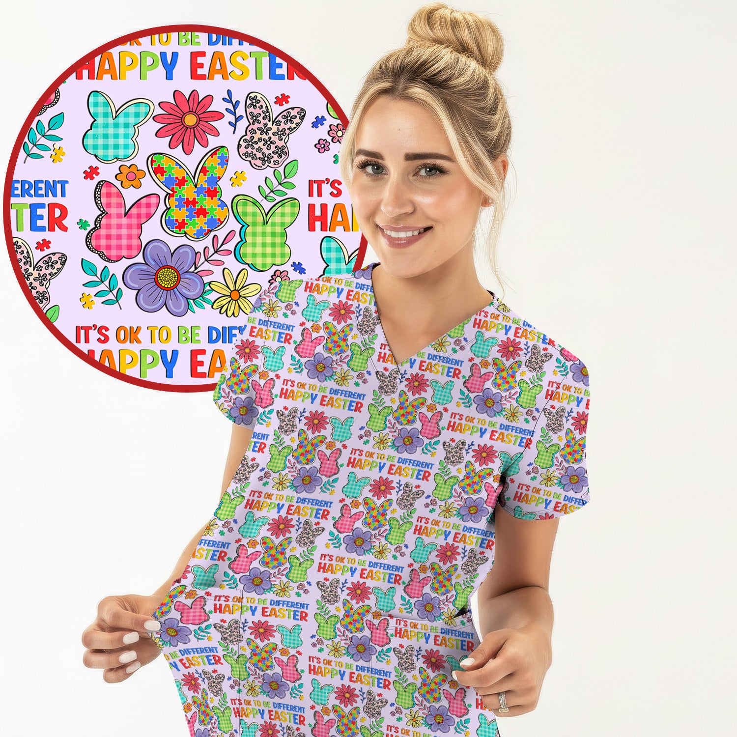 Happy Easter Bunny Floral Print Scrub Top, Breathable Fabrics Nursing Uniform