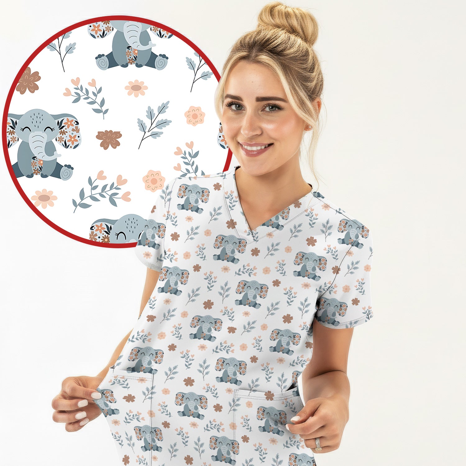 Cute Elephant Floral Print Scrub Top, Comfortable Scrubs for Nurses
