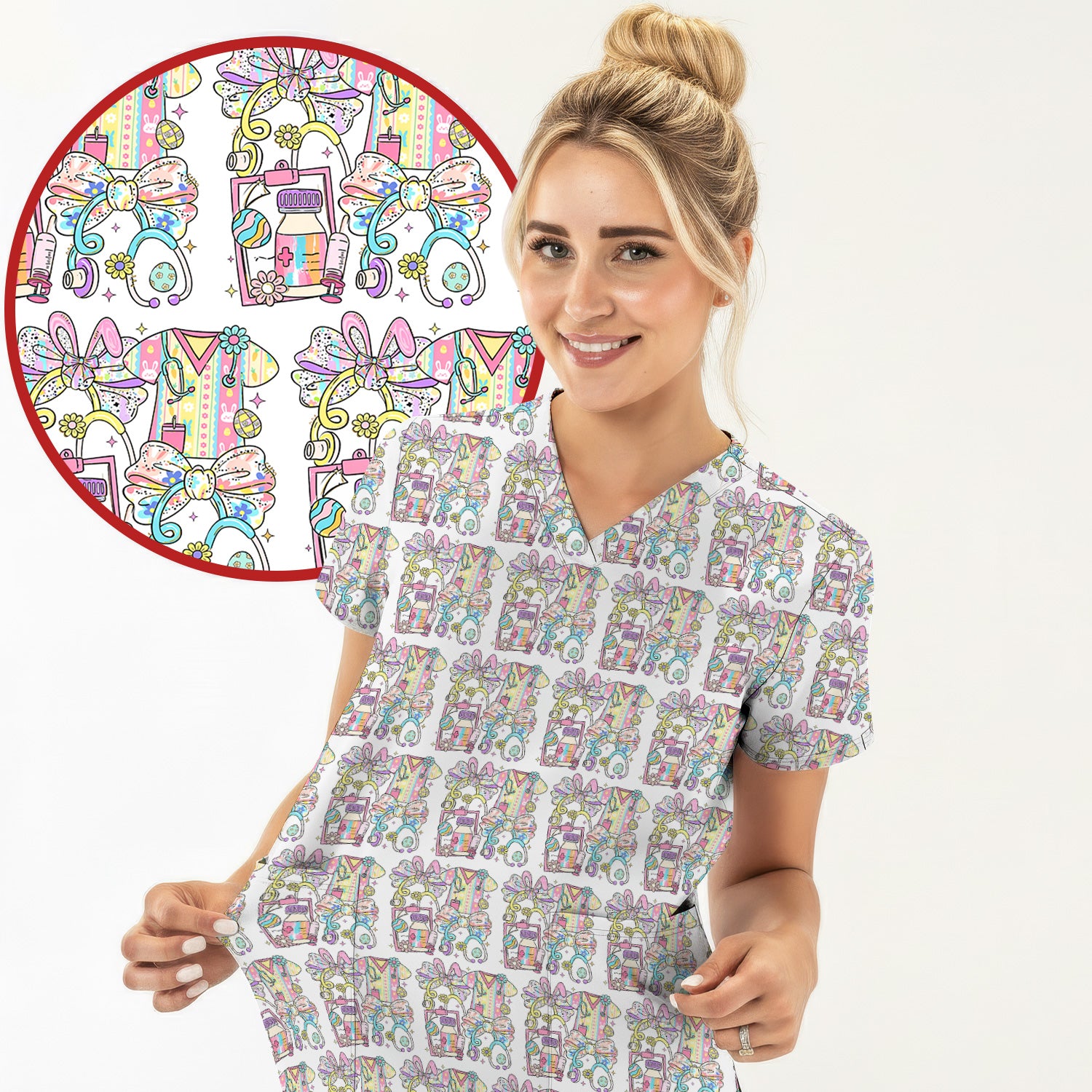 Colorful Nurse Scrub Supplies Pattern Scrub Top, Breathable Fabrics Nursing Uniform