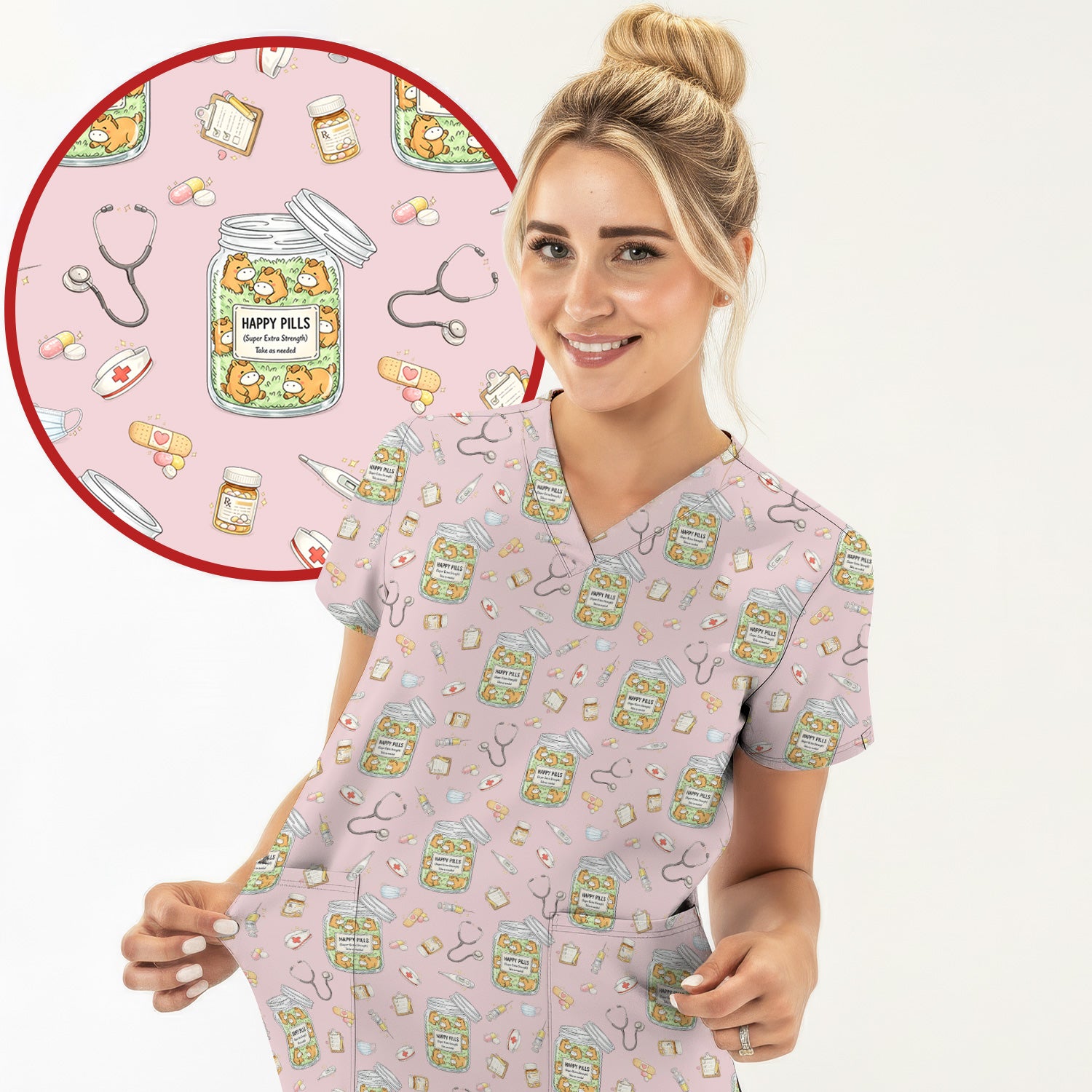 Happy Pills Horse Medical Print Nurse Scrub Top, Comfortable Scrubs for Nurses