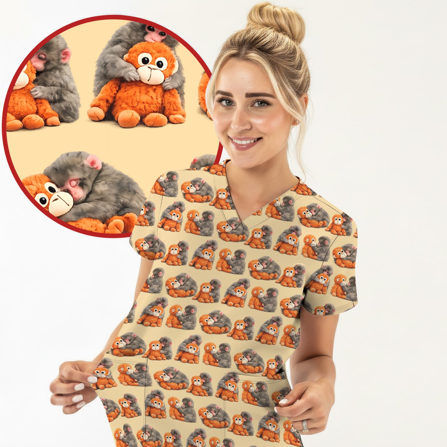 Cute Baby Monkey Plush Toy Animal Pattern Scrub Top, Breathable Medical Uniform Top