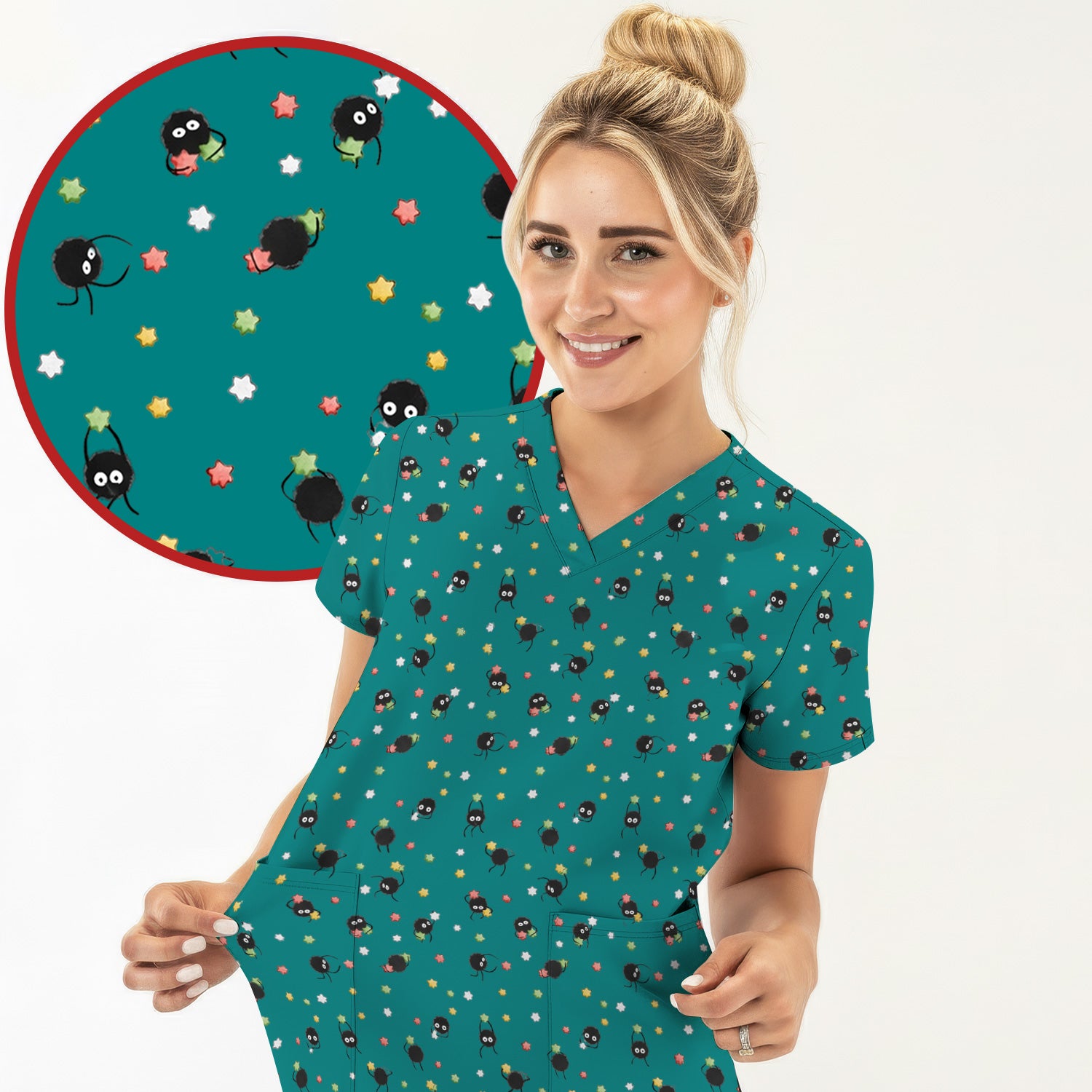 Funny Spider Pattern Pattern Pattern Scrub Top, Cartoon Spider Pattern Nursing Uniform For Women