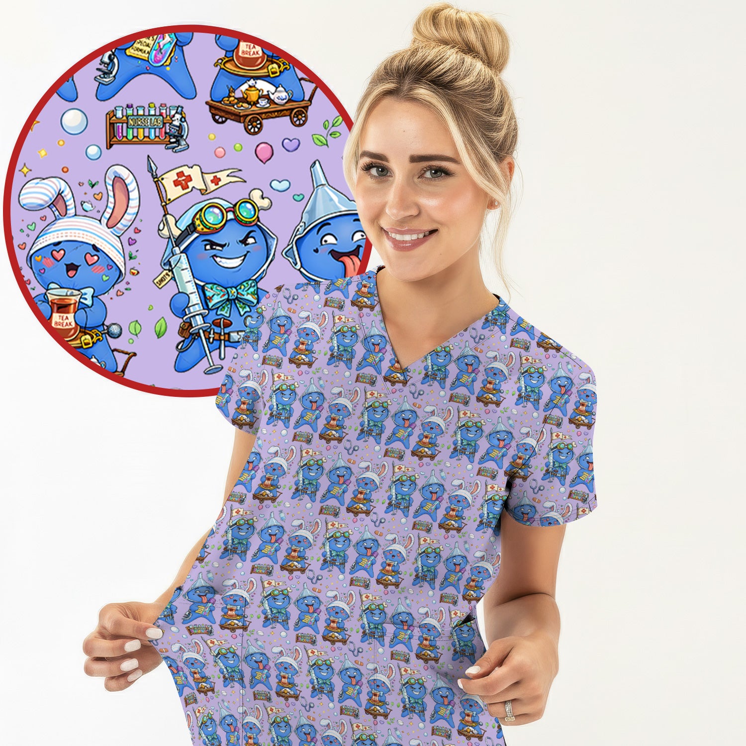 Cute Glove Doll Hospital Medical Cartoon Nurse Pattern Scrub Top, Comfortable Scrubs for Nurses