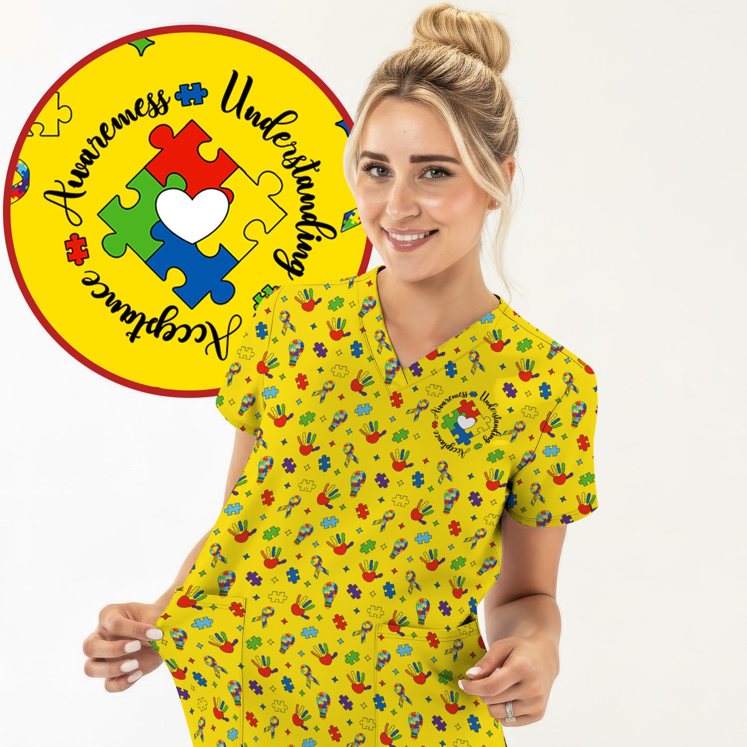 Autism Awareness Colorful Puzzle Pattern Scrub Top, Comfortable Scrubs for Nurses