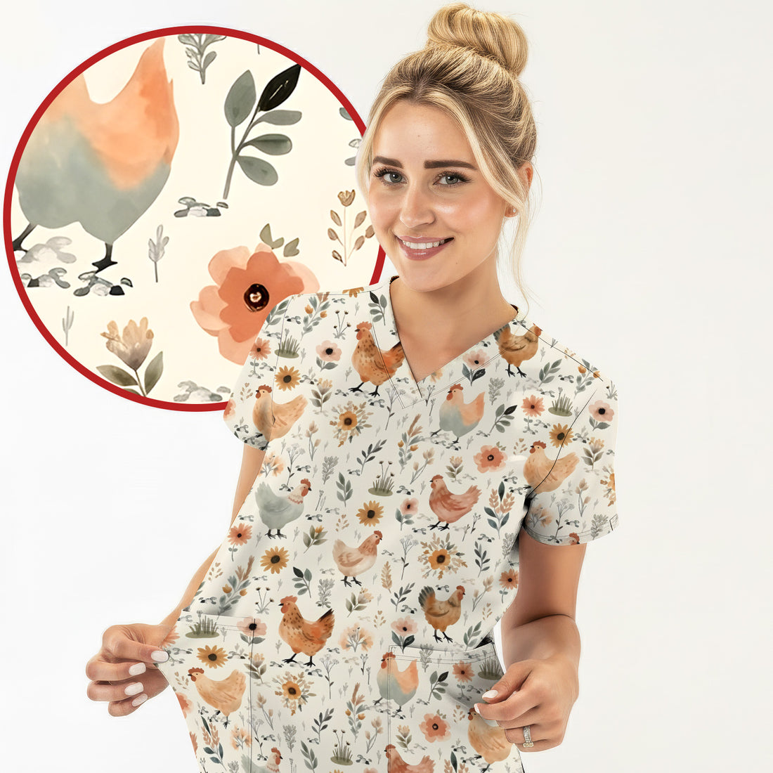 Charming Chicken Floral Farm Pattern Scrub Top, Comfortable Scrubs For Nurses