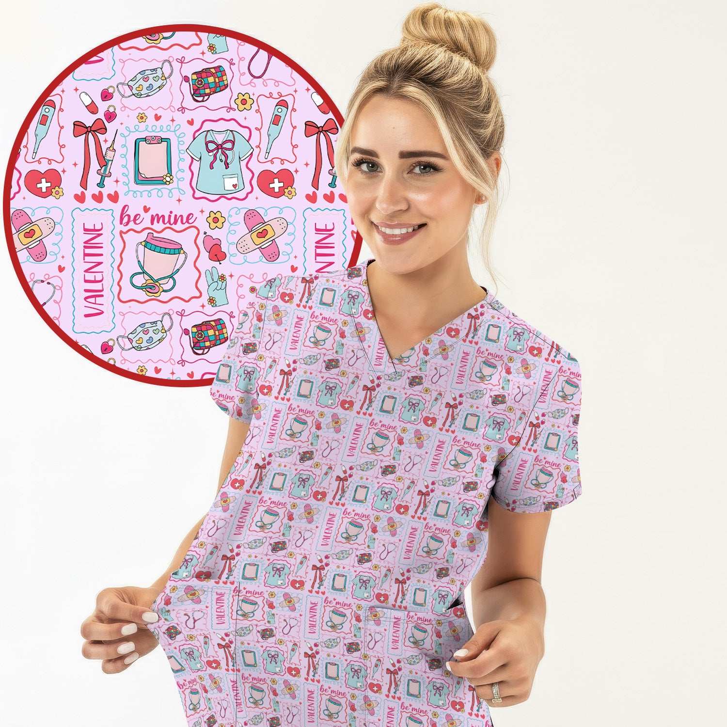 Valentine Medical Hearts Bandages Syringes Scrub Top, Comfortable Scrubs for Nurses