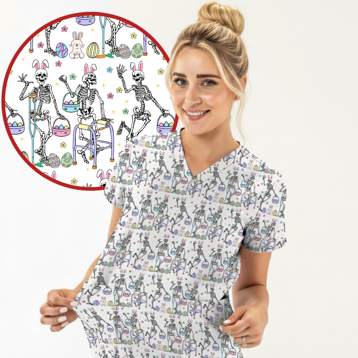 Fun Skeleton Bunny Easter Print Scrub Top, Comfortable Scrubs for Nurses