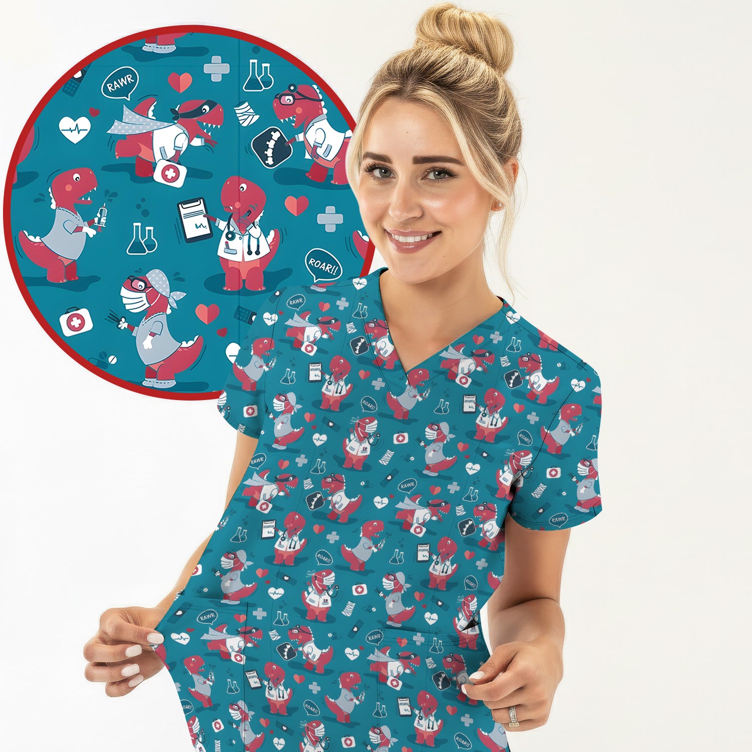 Cute Dinosaur Doctor Medical Pattern Scrub Top, Breathable Fabrics Nursing Uniform