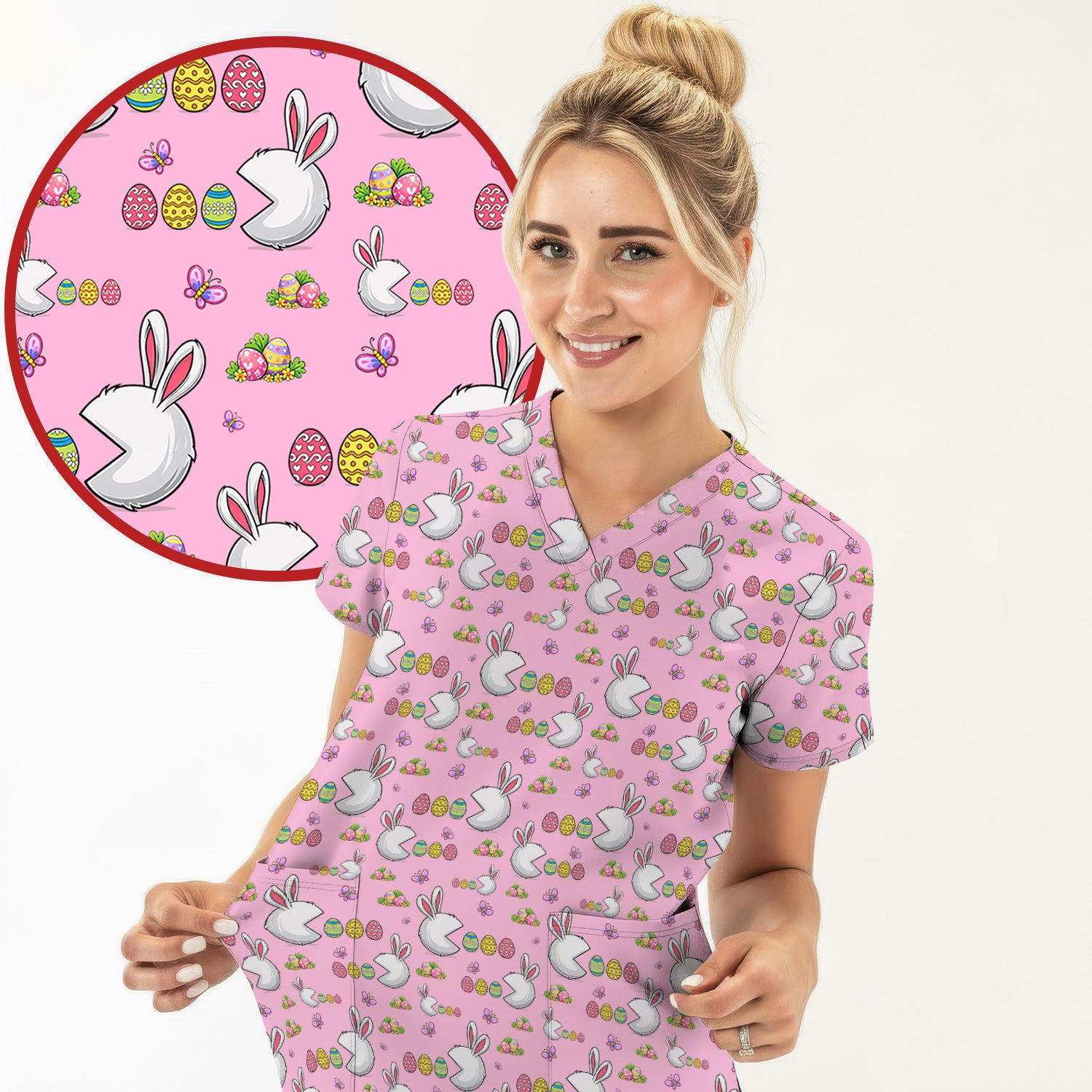 Easter Bunny and Colorful Eggs Print Scrub Top, Breathable Fabrics Nursing Uniform