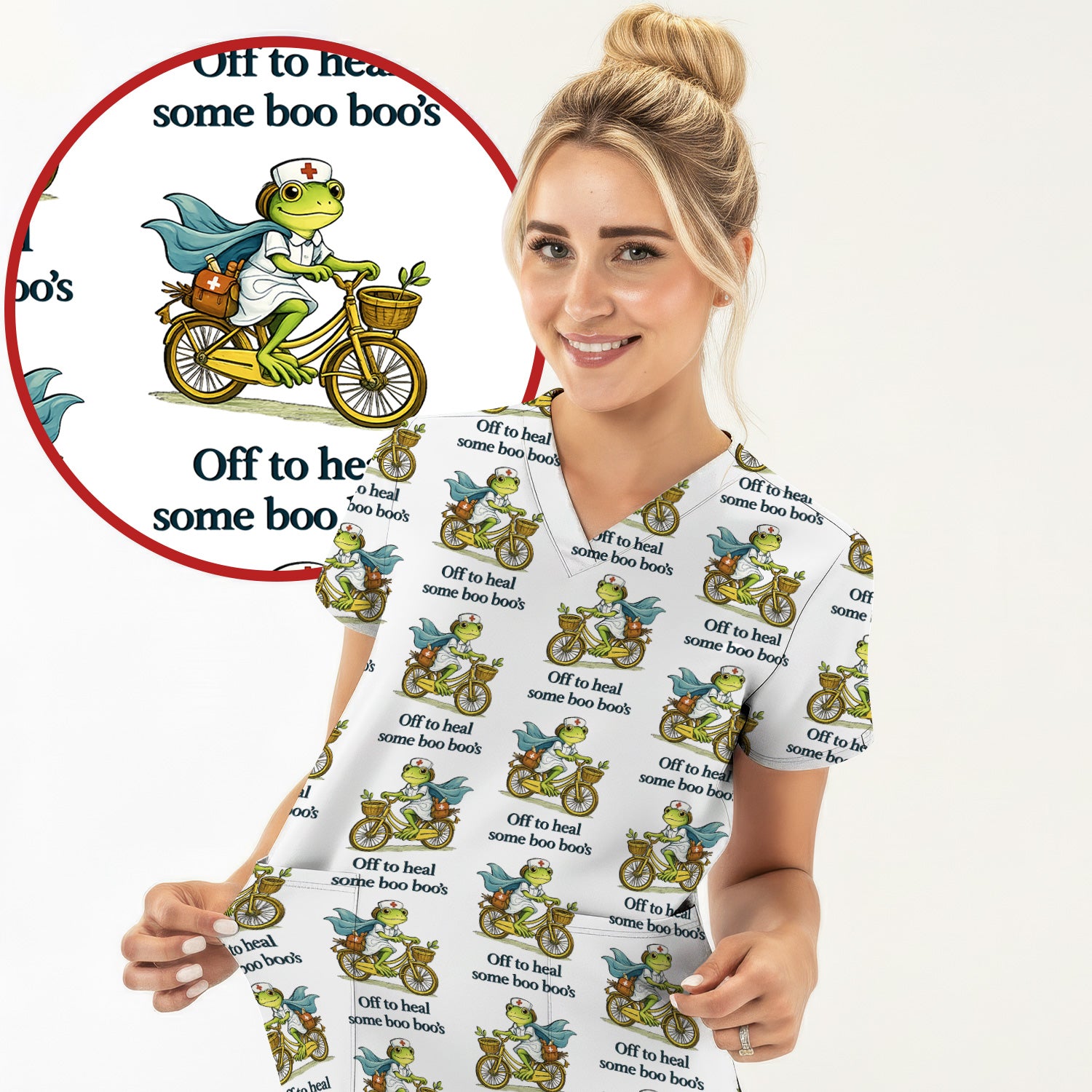 Funny Frog Nurse Cycling Pattern Scrub Top, Comfortable Scrubs for Nurses