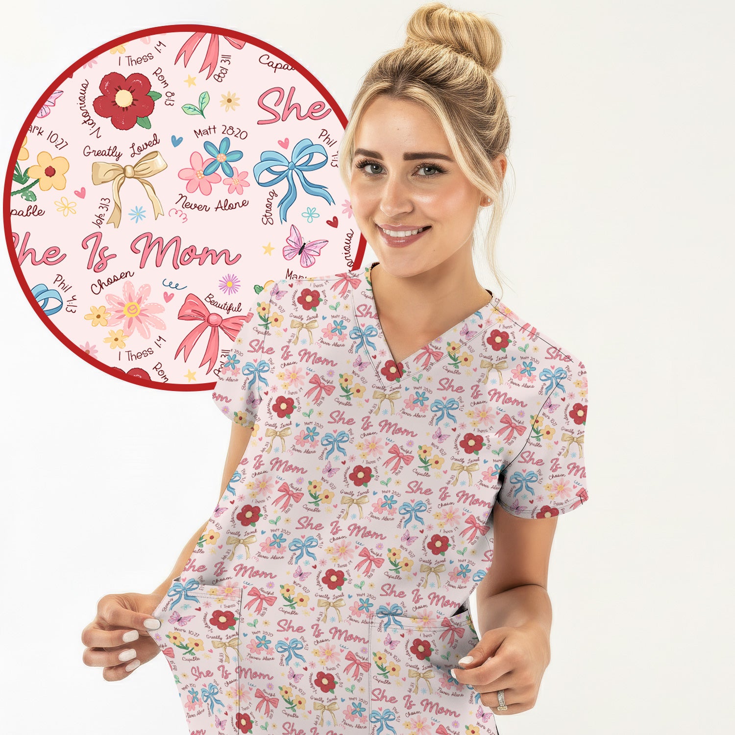 She Is Mom Floral Bow Pattern Scrub Top, Comfortable Scrubs for Nurses