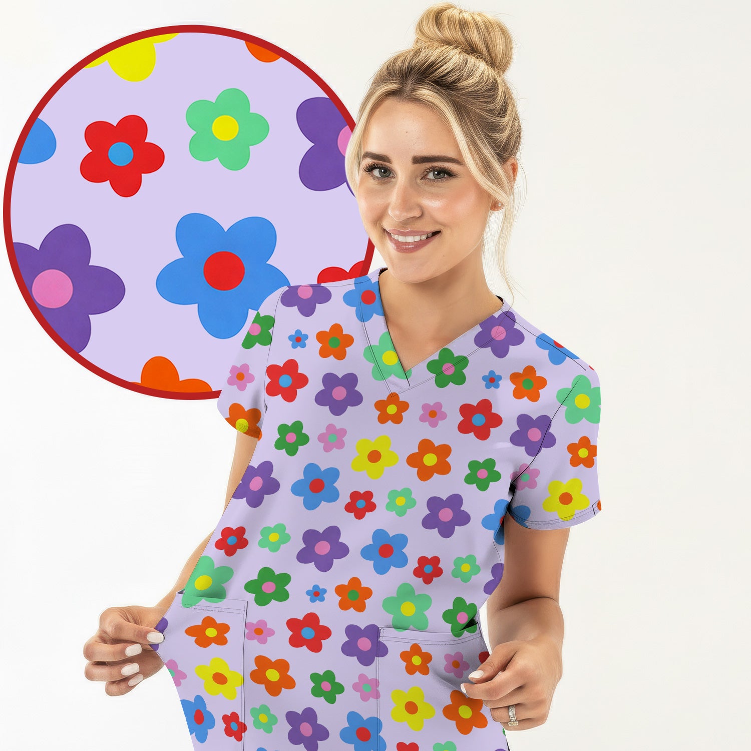 Colorful Retro Flower Pattern Print Scrub Top, Breathable Fabrics Nursing Uniform