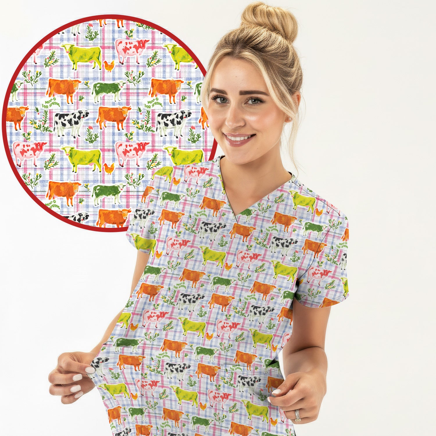 Colorful Farm Cow Plaid Print Scrub Top, Cute Country Scrubs for Nurses