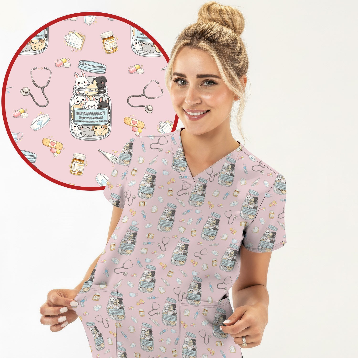 Whimsical Antidepressant Rabbit Jar Design Nurse Scrub Top, Soft & Breathable Workwear