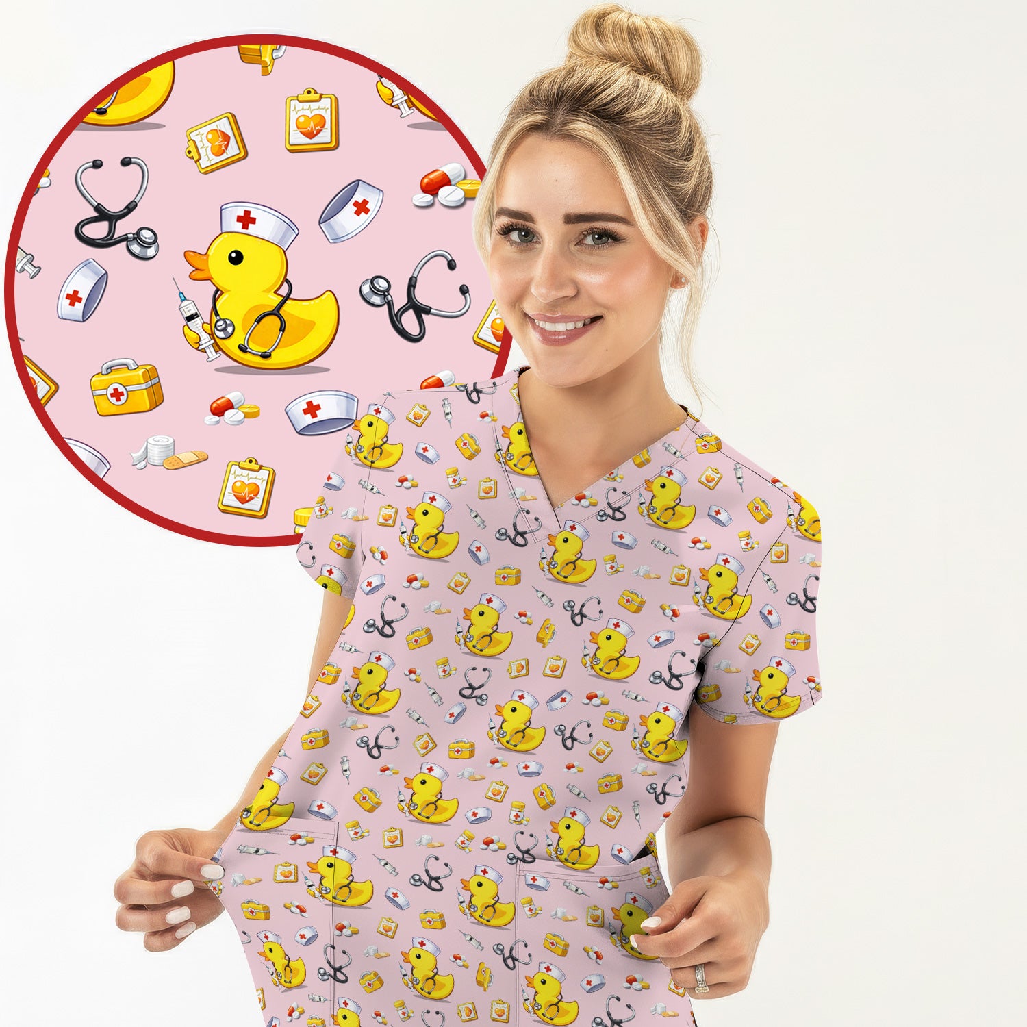 Playful Medical Duck Print Nurse Scrub Top, Comfortable Scrubs for Nurses