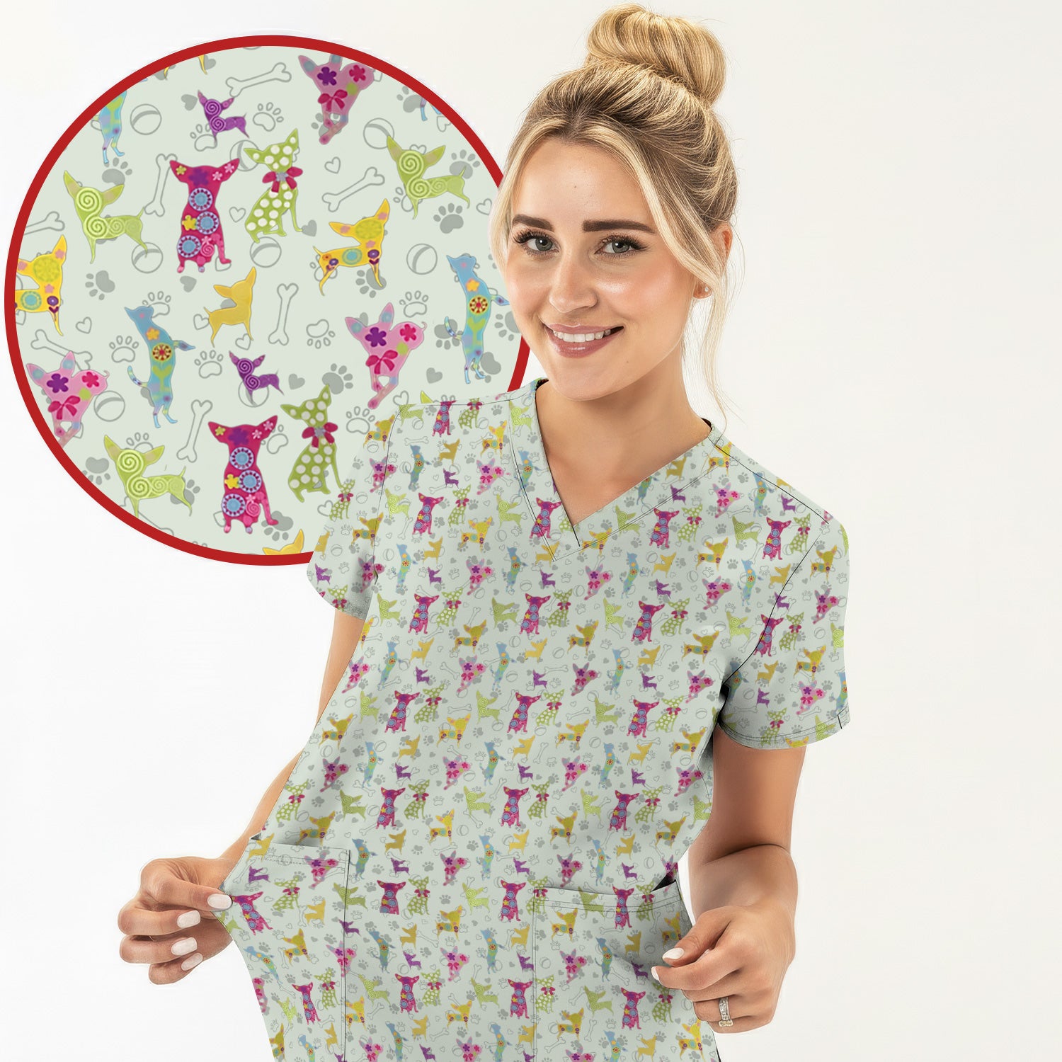 Colorful Playful Dog Print Nurse Scrub Top, Comfortable Scrubs for Nurses