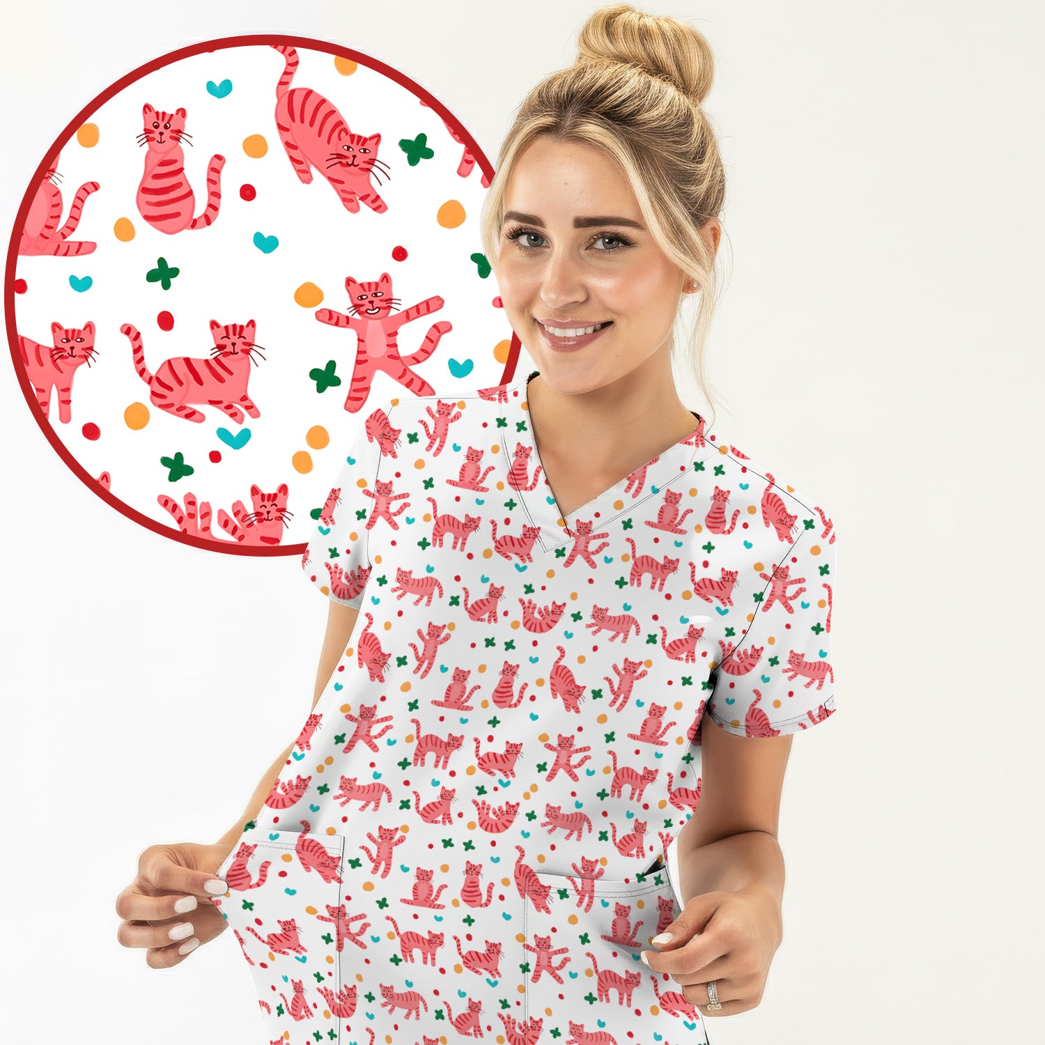 Cute Pink Cat Pattern Scrub Top, Comfortable Scrubs for Nurses