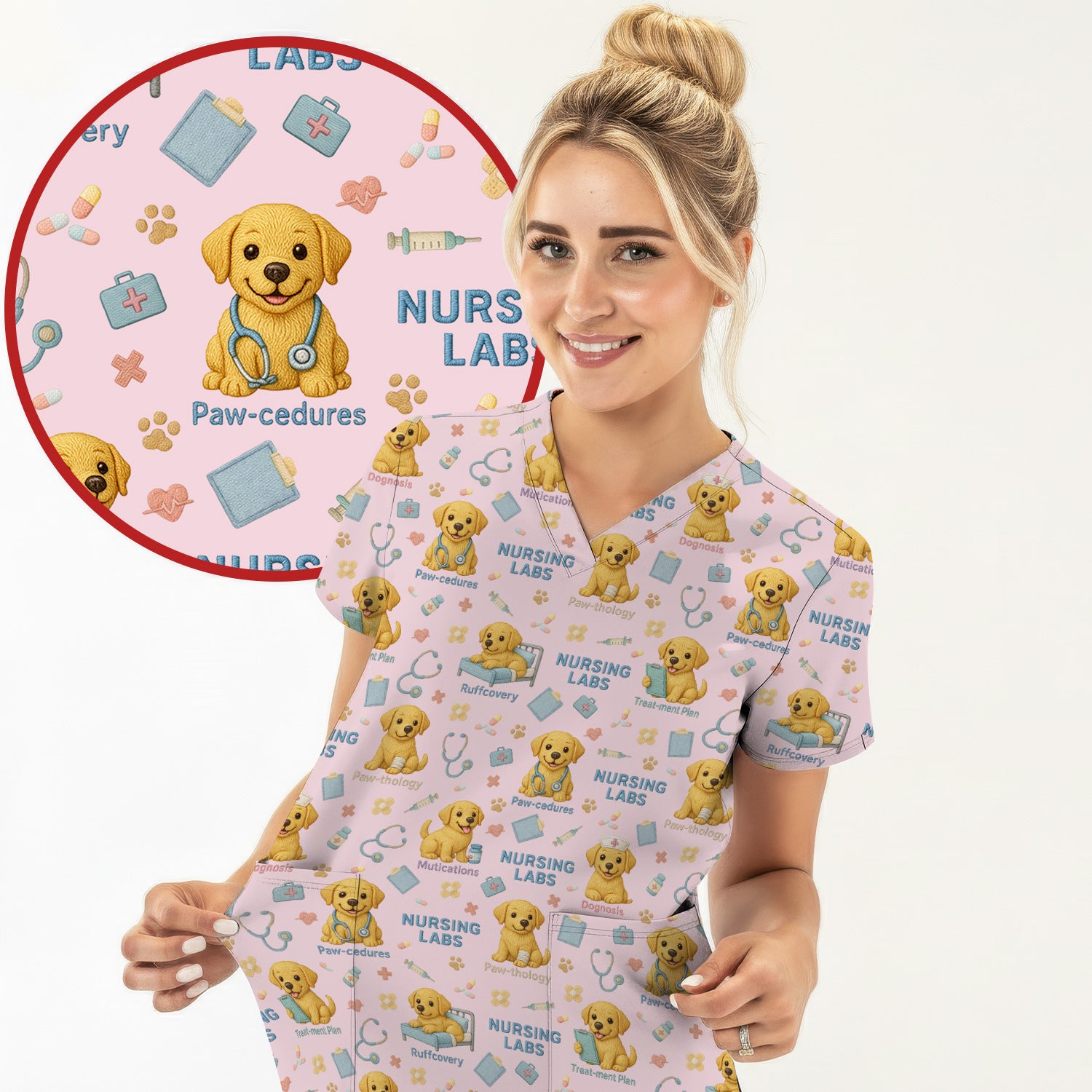 Labrador Nursing Scrub Top, Cute Dog Pattern Nurse Uniform,  Comfortable Scrubs For Nurses