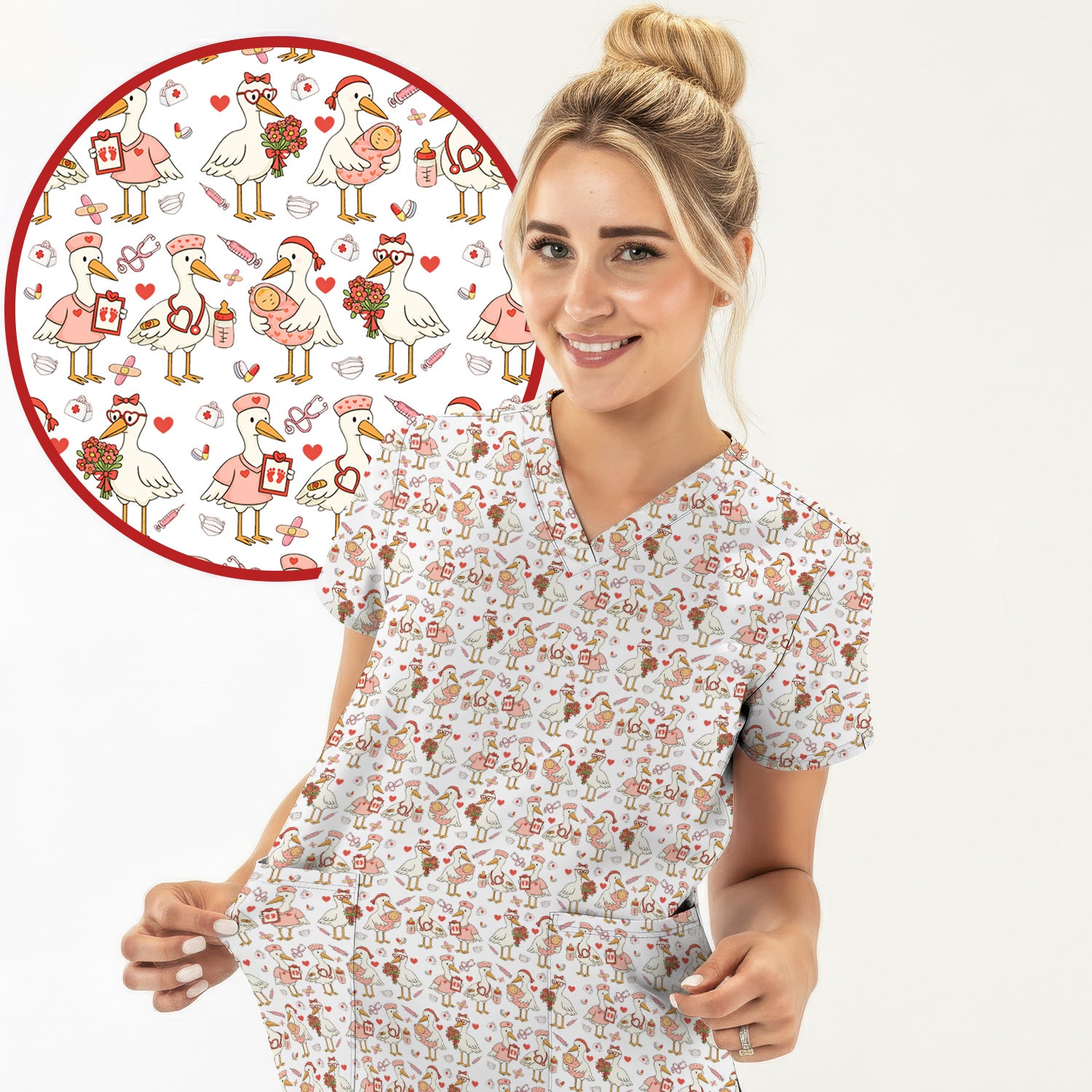 Cute Goose Nurse Valentine Print Scrub Set, Breathable Med Uniform
