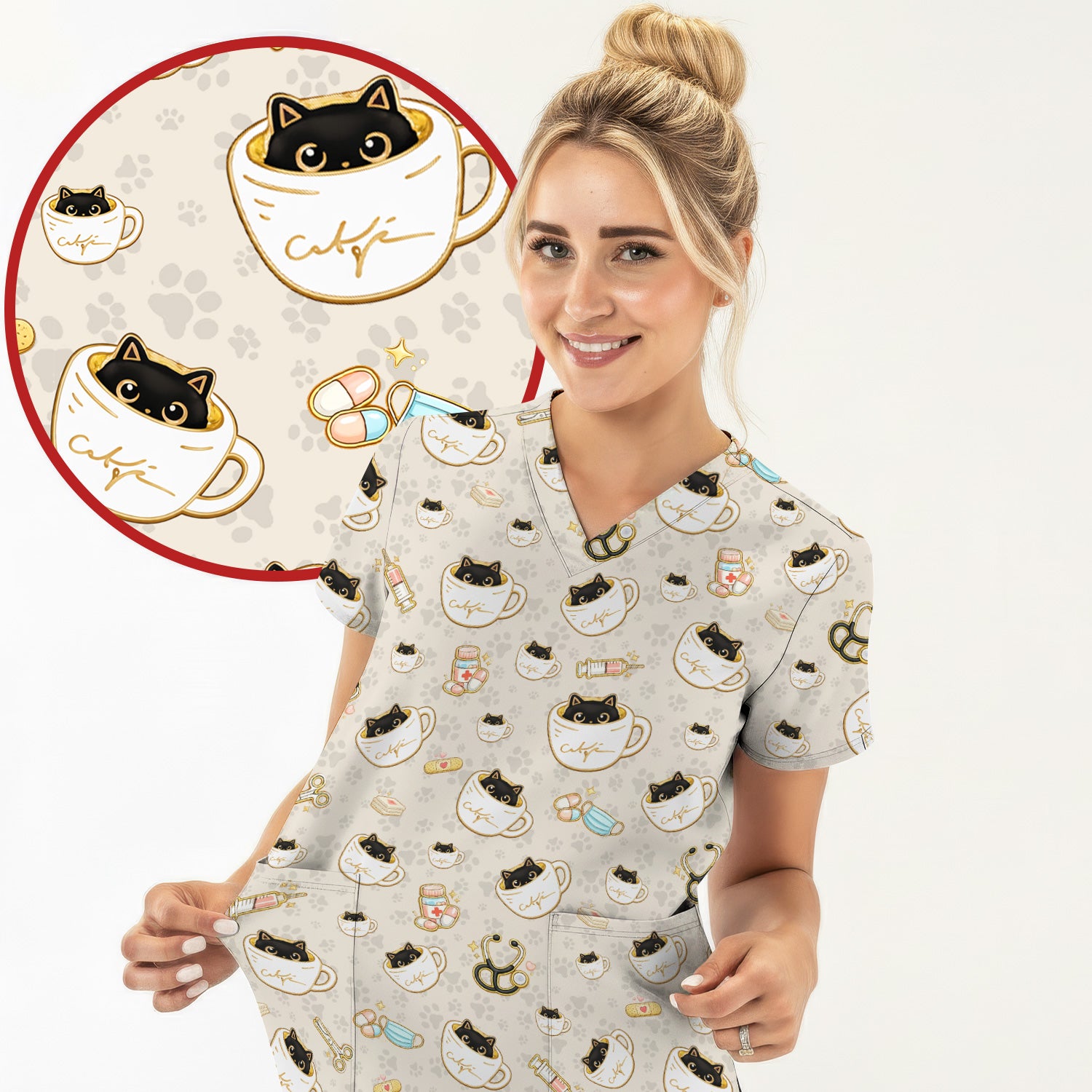 Cute Coffee Cat Medical Print Scrub Top, Breathable Fabrics Nursing Uniform