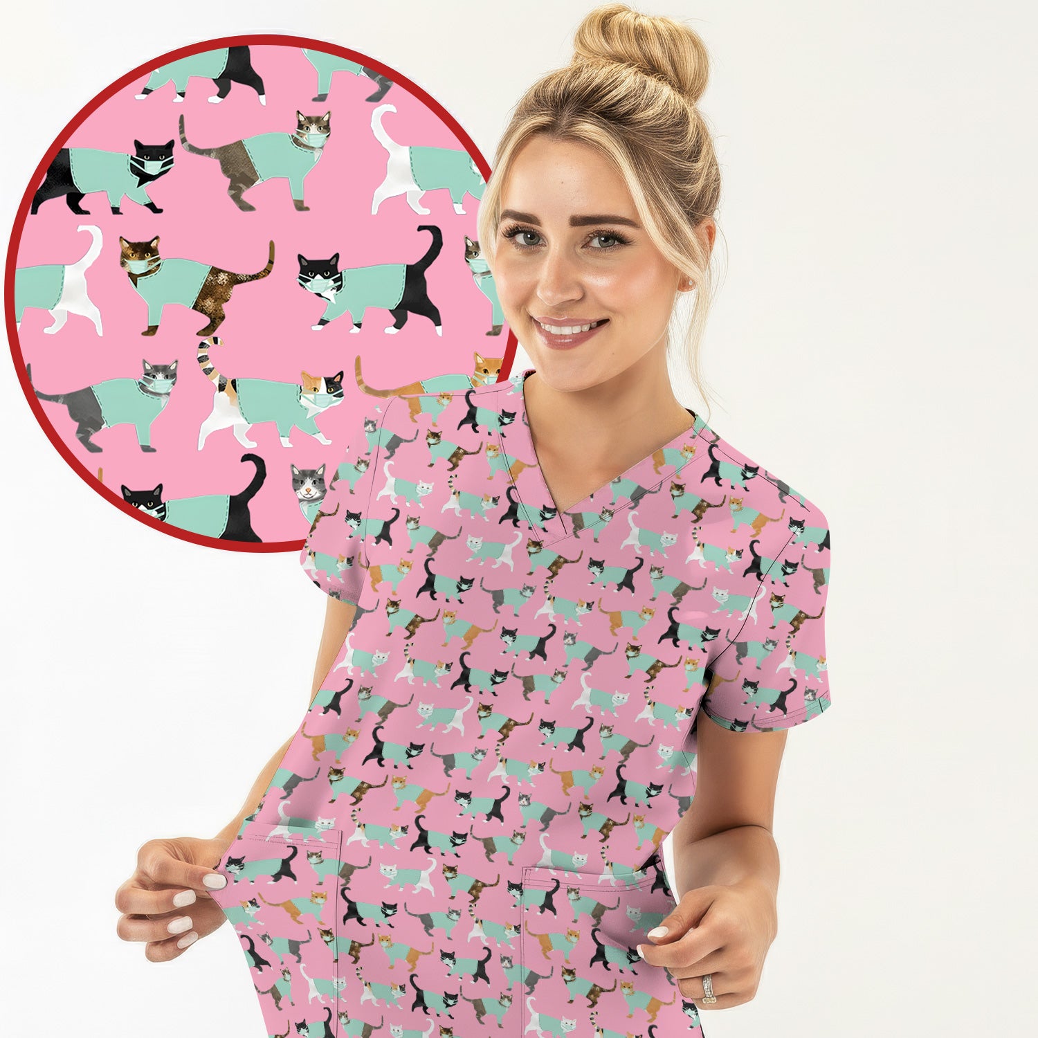 Playful Cat Nurse All Over Print Scrub Set, Scrub Pants and V Neck Top