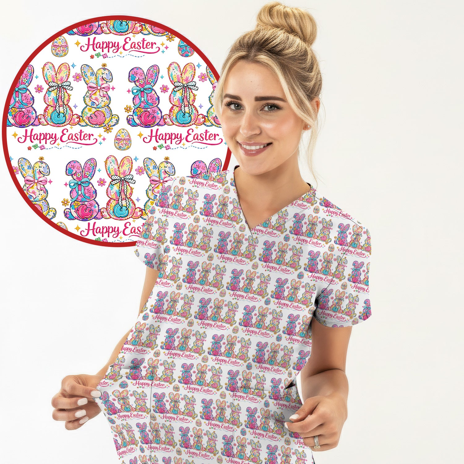 Pink Happy Easter Bunny Pattern Scrub Set, Scrub Pants and V Neck Top