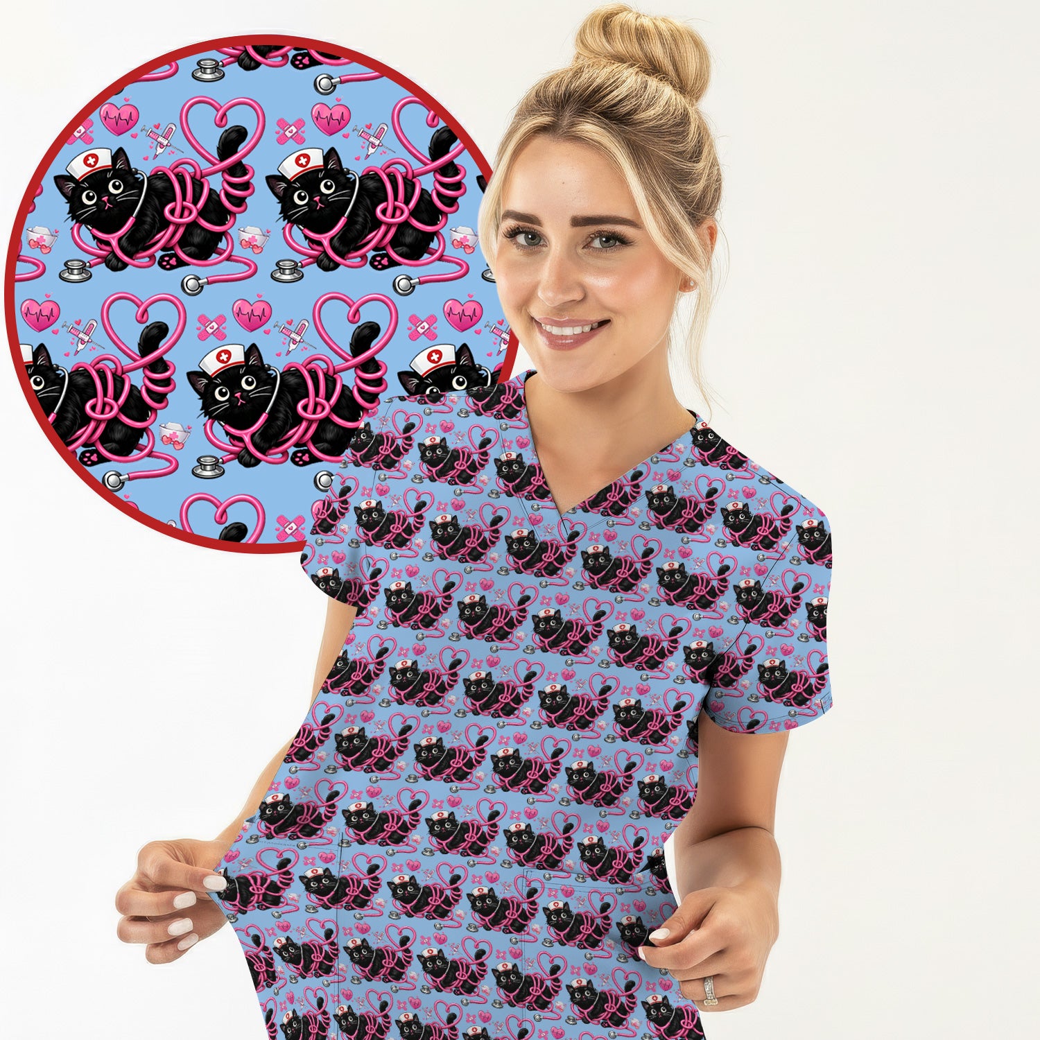 Valentine Cute Cat Nurse Heart Print Scrub Top, Comfortable Scrubs for Nurses