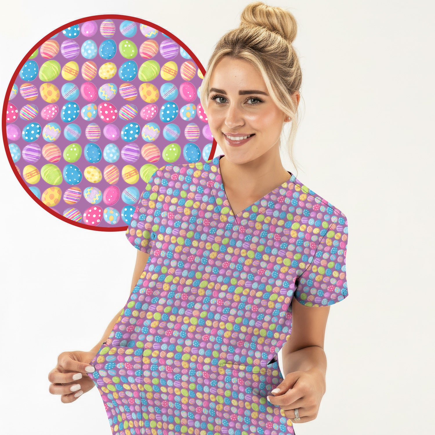 Colorful Easter Eggs Pattern Scrub Top, Comfortable Scrubs for Nurses