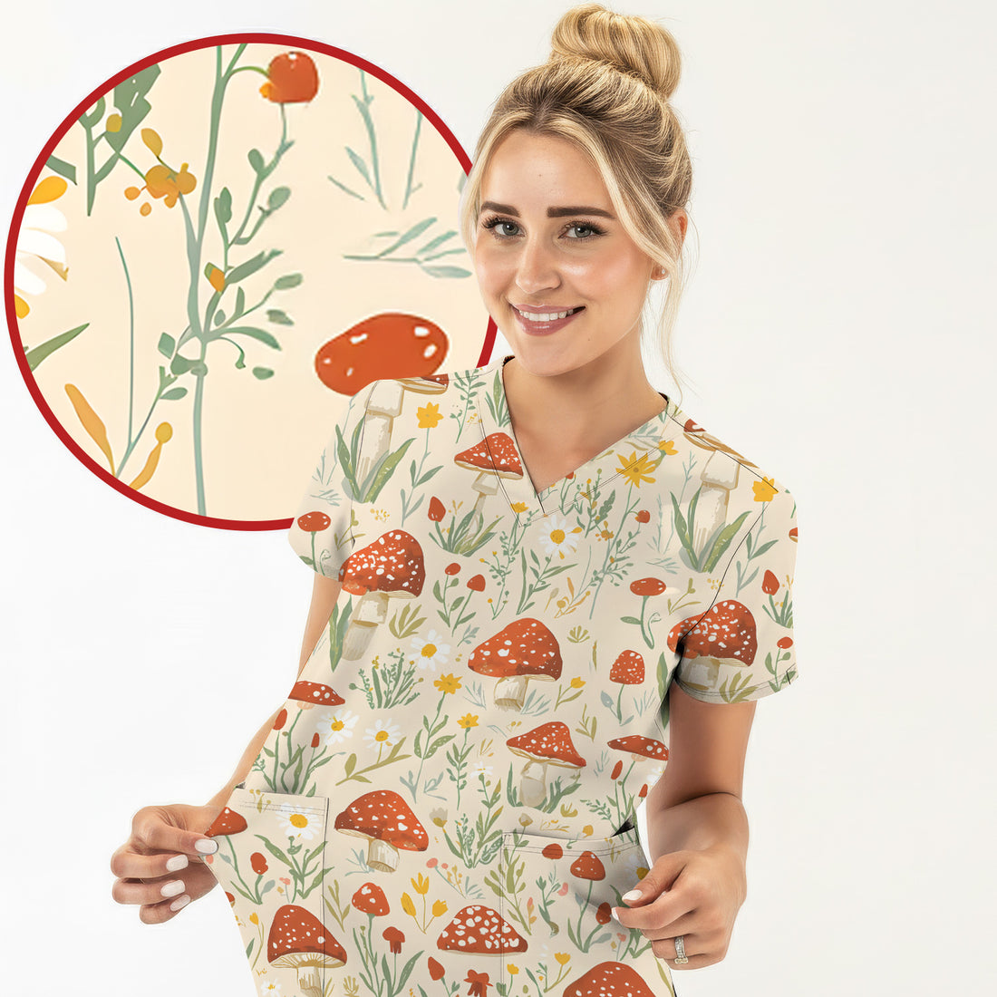Cute Mushroom Wildflower Pattern Scrub Top, Breathable Fabrics Nursing Uniform