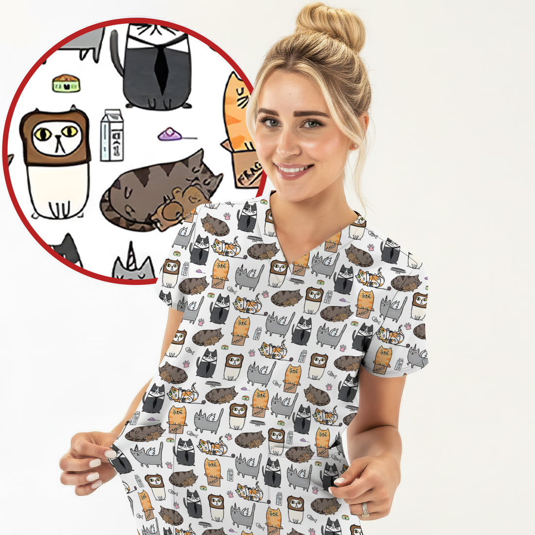 Lazy Cat Doodle Pattern Scrub Top, All Over Cozy Kitty Nursing Uniform for Women