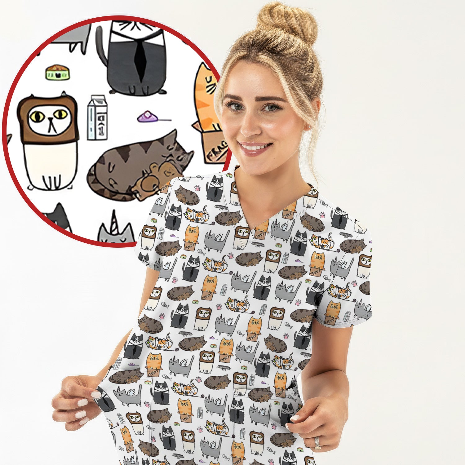 Lazy Cat Doodle Pattern Scrub Top, All Over Cozy Kitty Nursing Uniform for Women