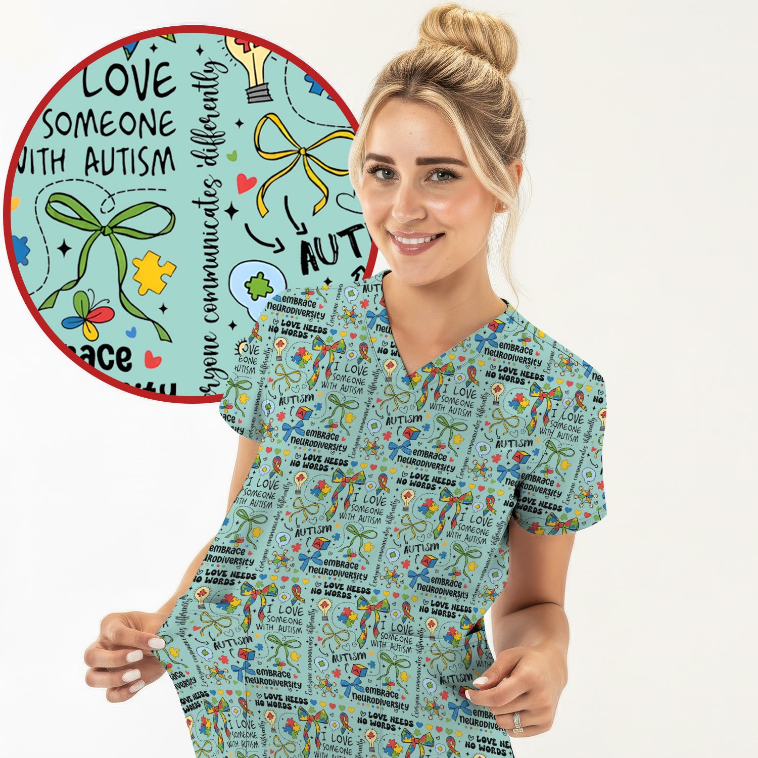 Autism Awareness Puzzle Ribbon Pattern Scrub Top, Breathable Fabrics Nursing Uniform