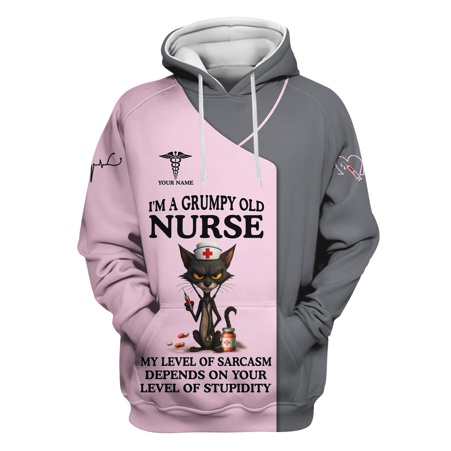 Sarcastic Grumpy Old Nurse Shirt - Black Cat Humo & Caduceus Symbol Design - Personalized Gift for RN LPN CNA Healthcare Workers