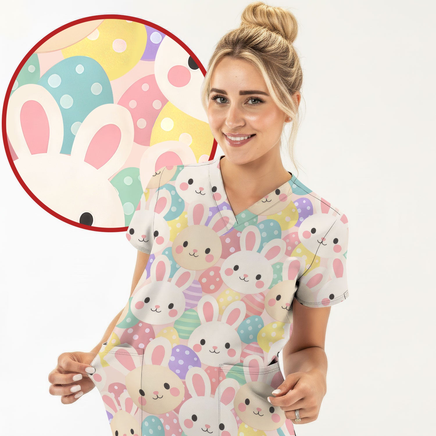 Pastel Bunny Faces Easter Eggs Pattern Scrubs Top, Comfortable Scrubs for Nurses